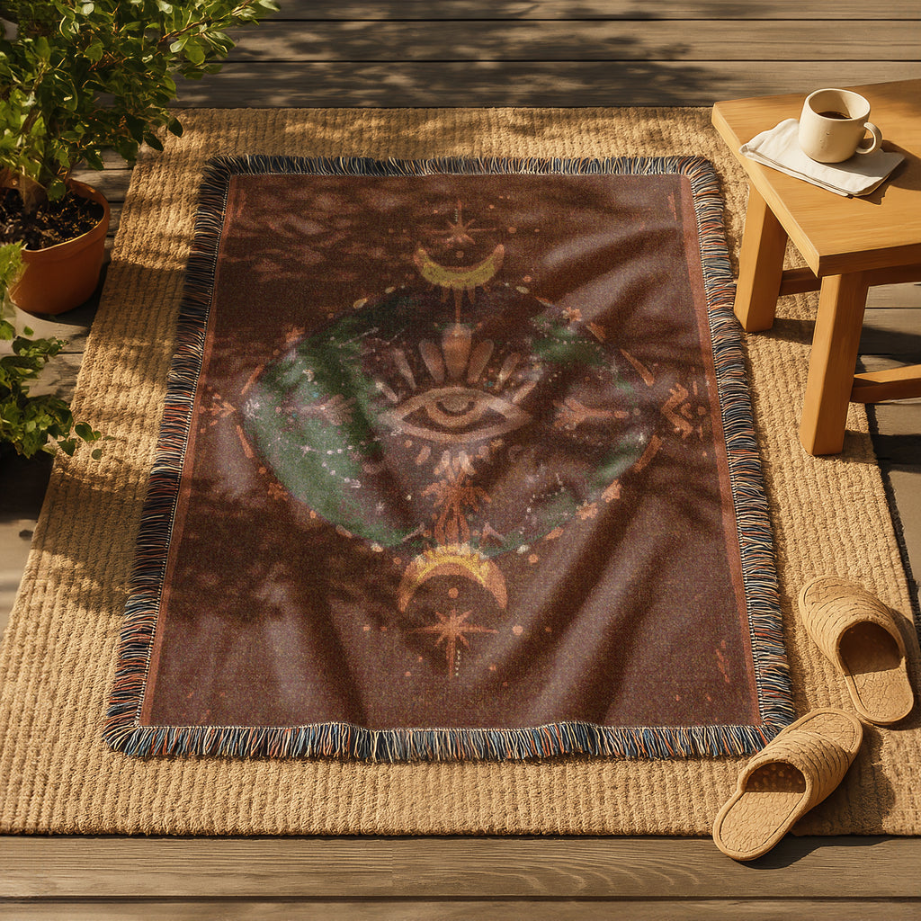 Third Eye Woven Blanket Mystical Eye & Moon Tapestry for Sacred Spaces | Boho Spiritual Decor | Intuitive Textile Altar | Tribe of Anouk