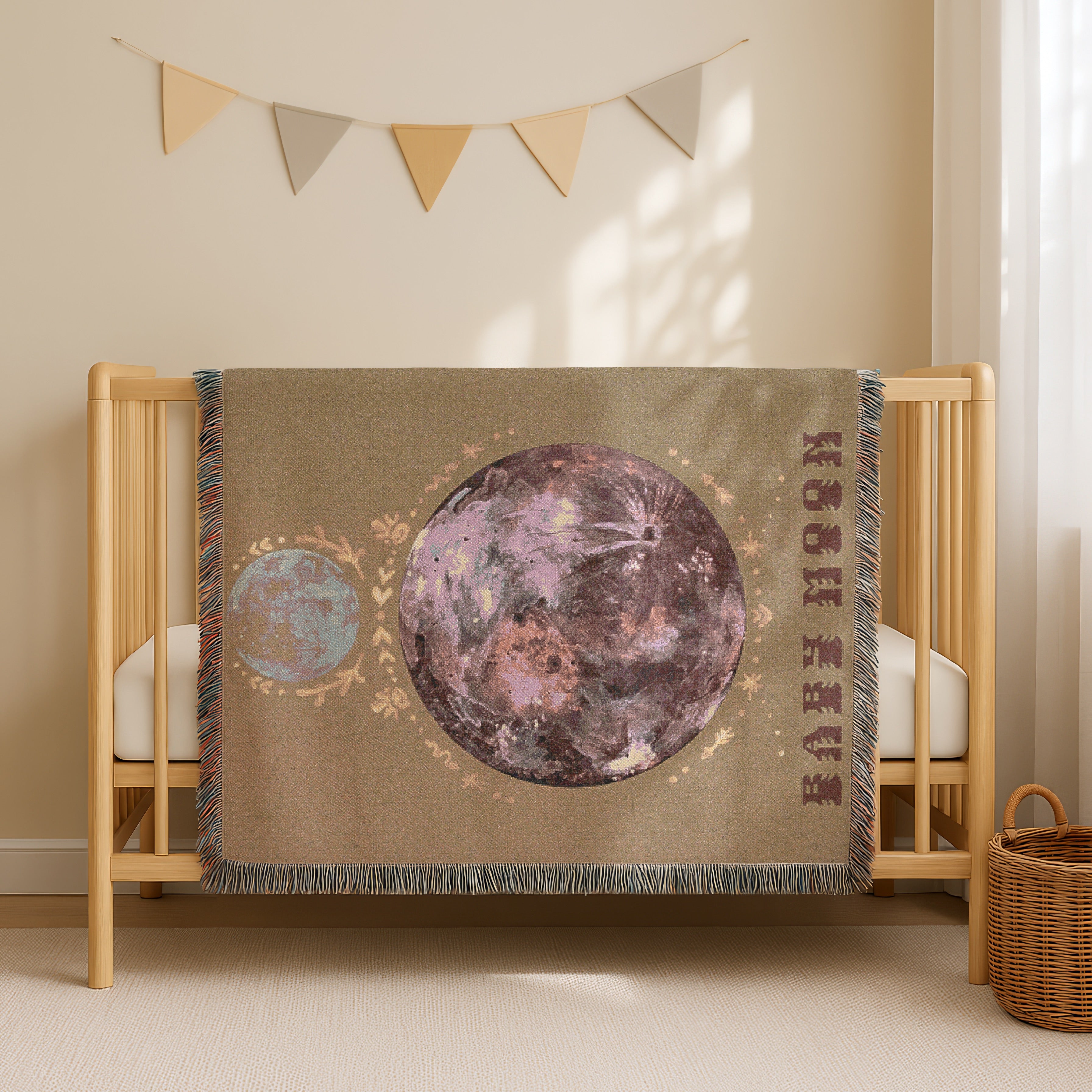 Boho Woven Blanket with Tribal Moon Art Soft Bohemian Throw Blanket, Mystical Wall Tapestry, Earthy Toned Boho Decor, Spiritual Gift