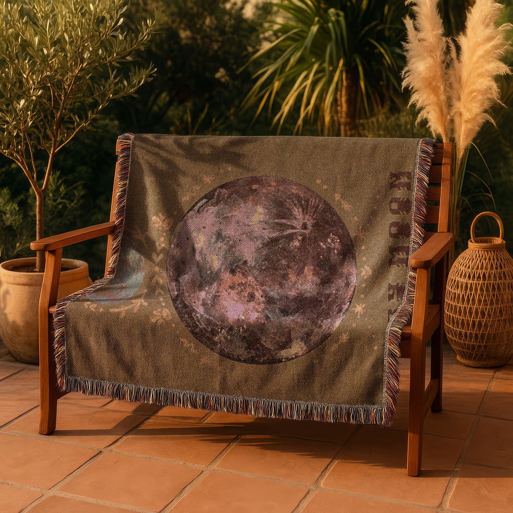 Boho Woven Blanket with Tribal Moon Art Soft Bohemian Throw Blanket, Mystical Wall Tapestry, Earthy Toned Boho Decor, Spiritual Gift