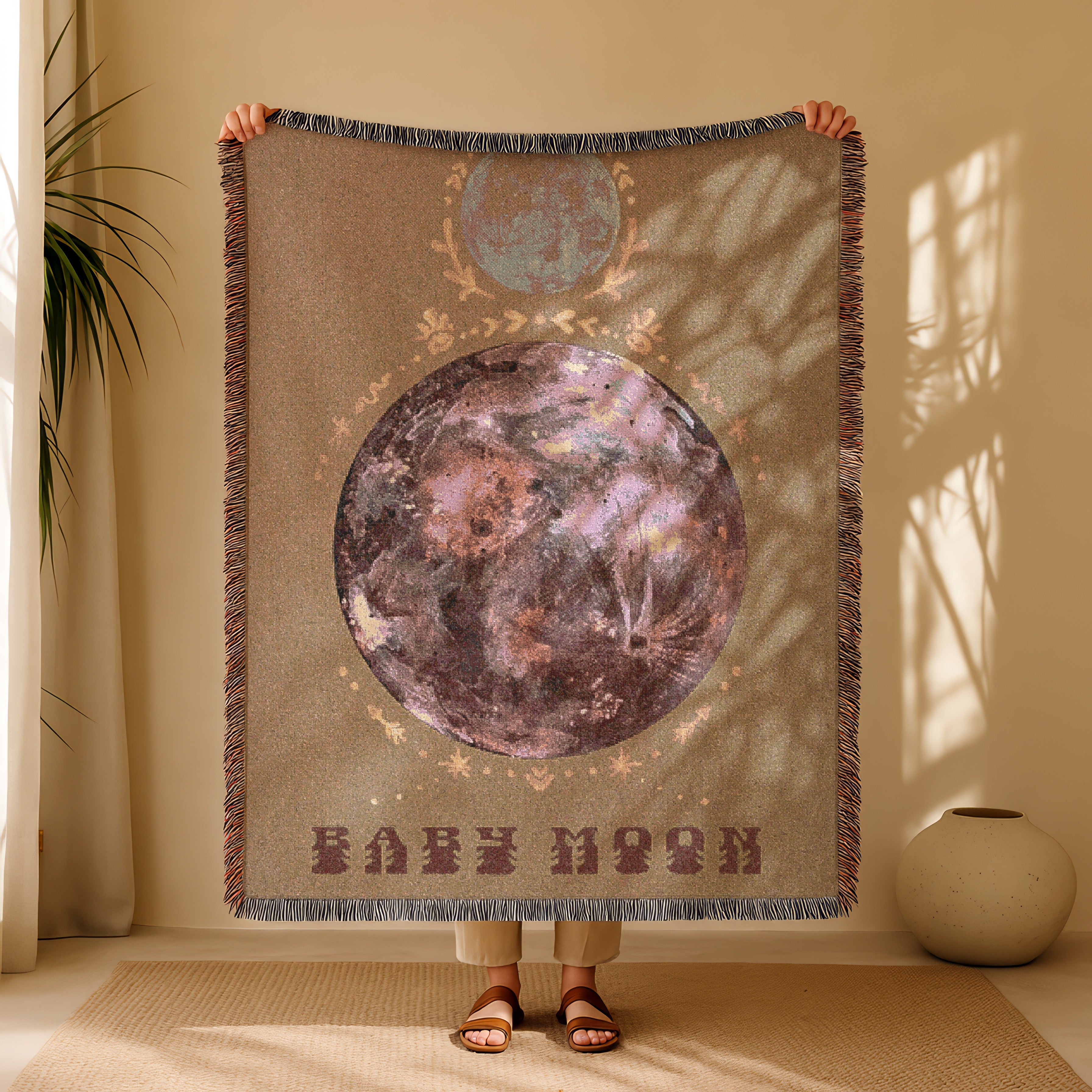 Boho Woven Blanket with Tribal Moon Art Soft Bohemian Throw Blanket, Mystical Wall Tapestry, Earthy Toned Boho Decor, Spiritual Gift