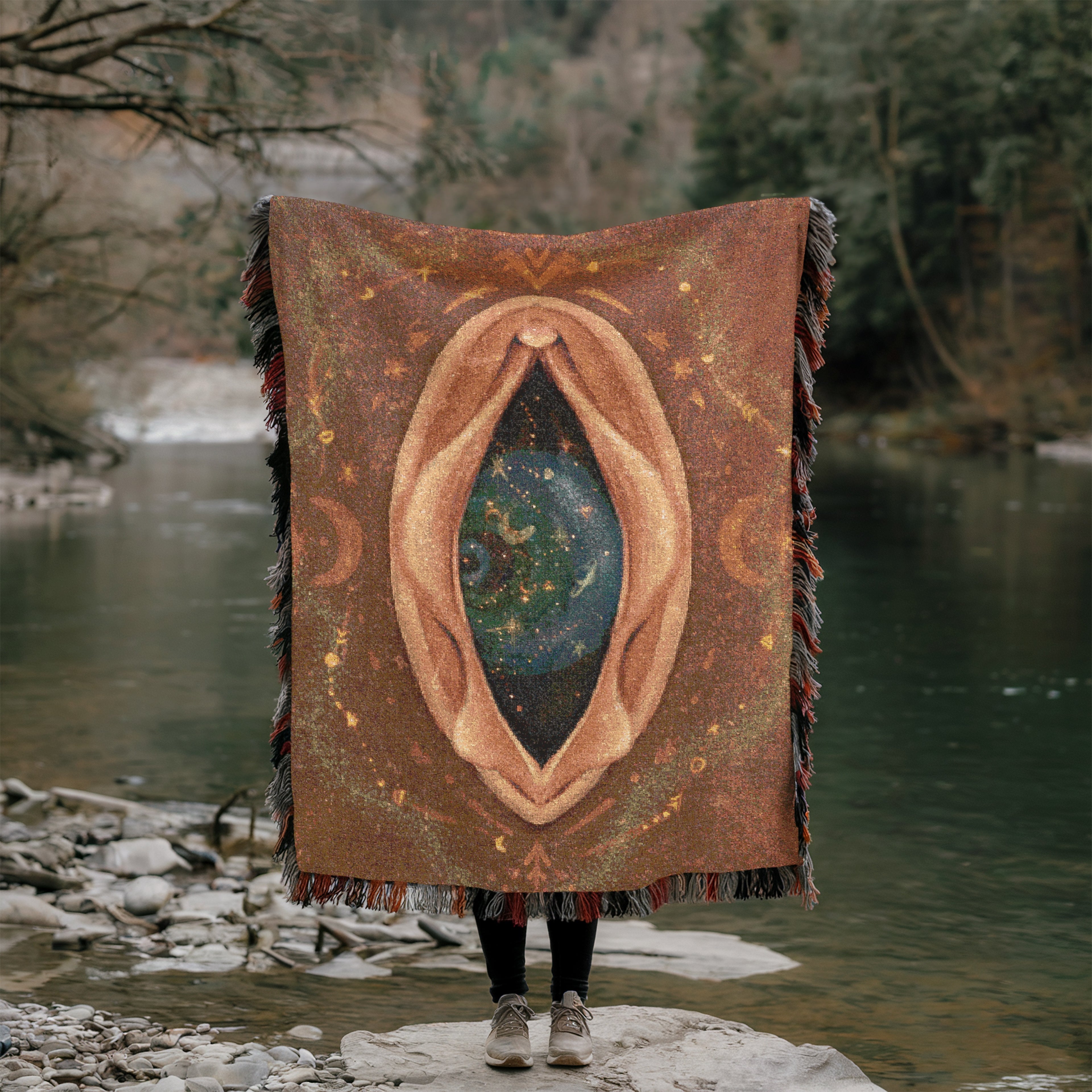 Sacred Feminine Portal Blanket - Mystical Birth Tapestry, Divine Earth Woven Throw, Goddess Altar Decor