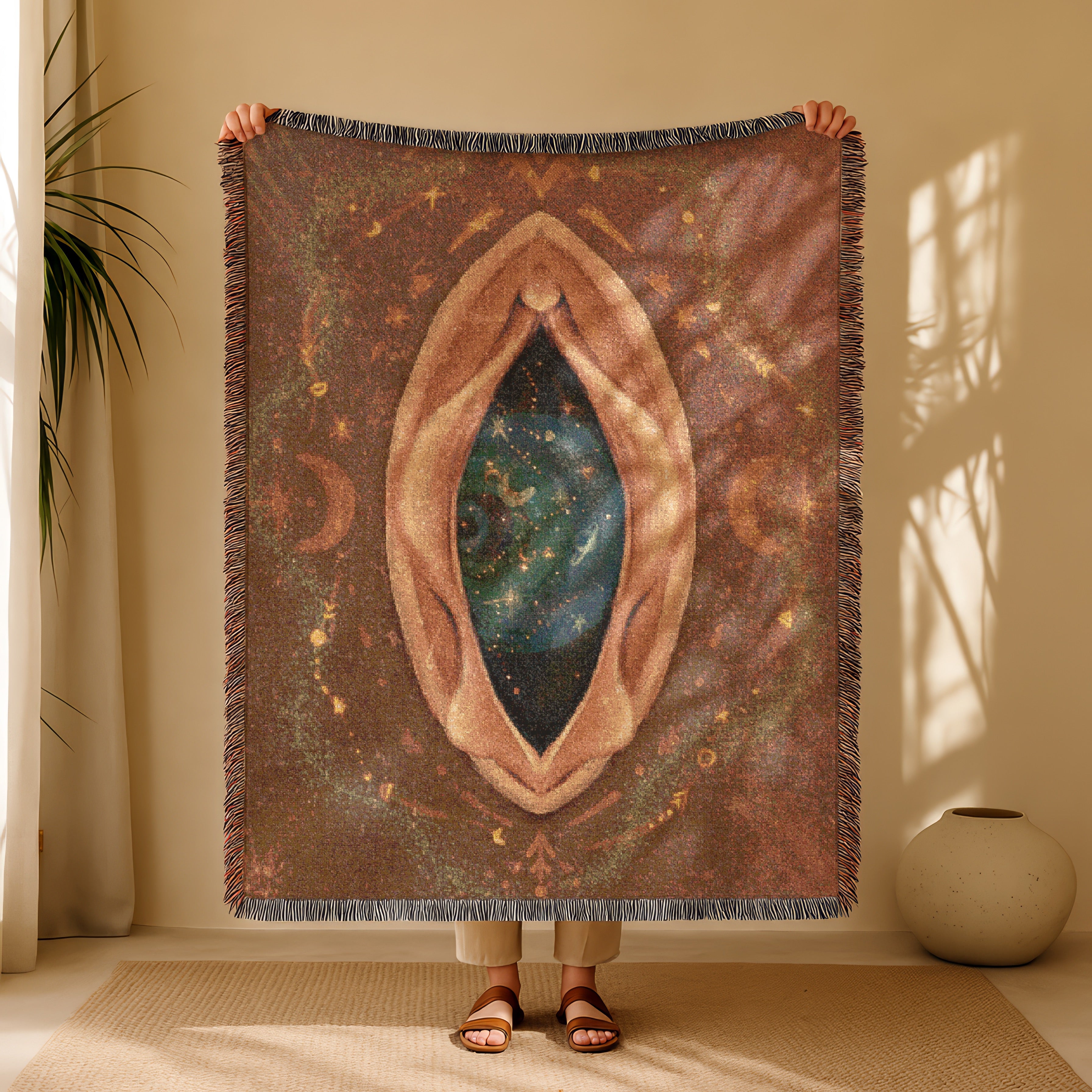 Sacred Feminine Portal Blanket - Mystical Birth Tapestry, Divine Earth Woven Throw, Goddess Altar Decor