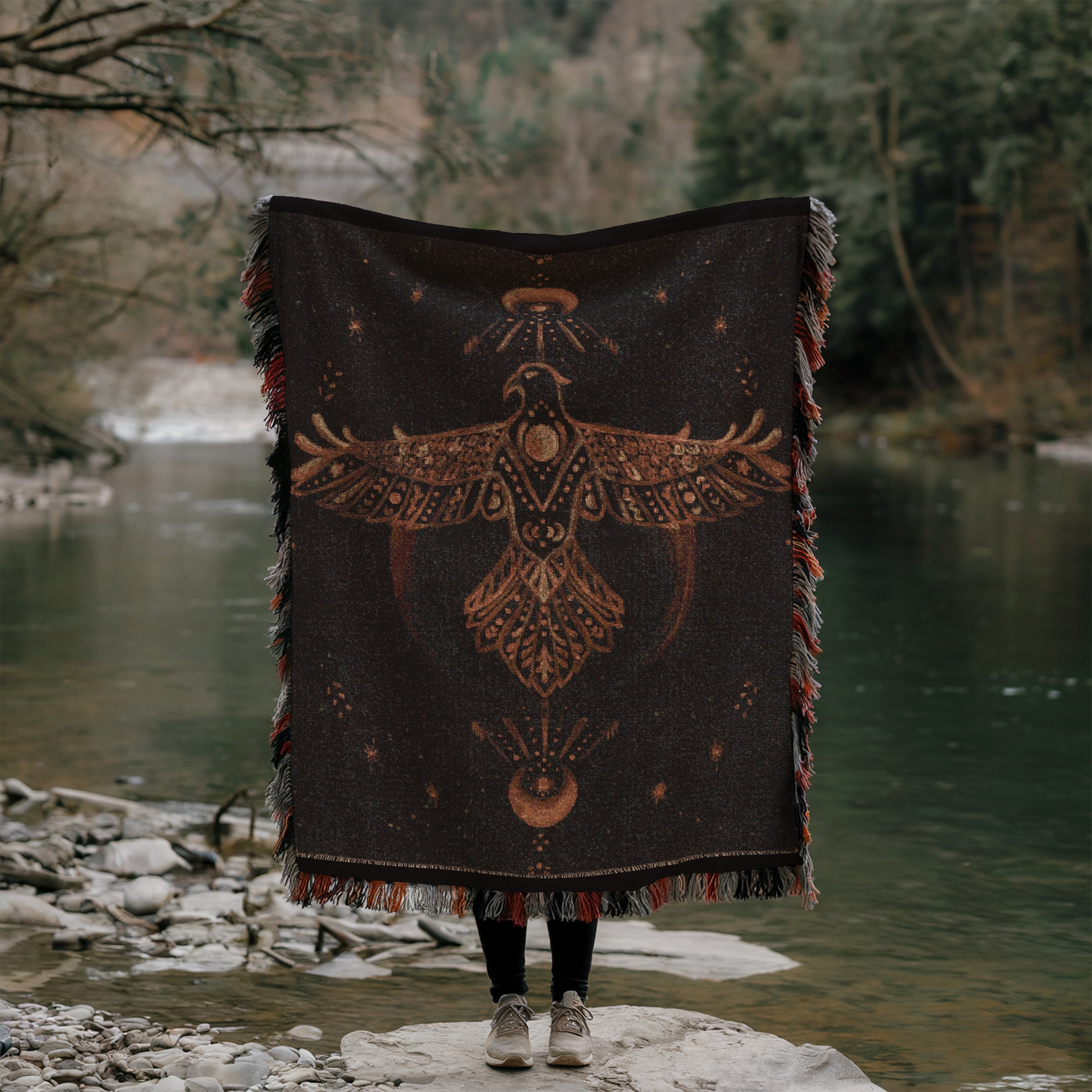 Boho Woven Blanket - The Hawk Woven Tapestry Blanket - Mythic Archetype, Moon Phases & Cosmic Vision | Mystical Art Throw for Sacred Spaces