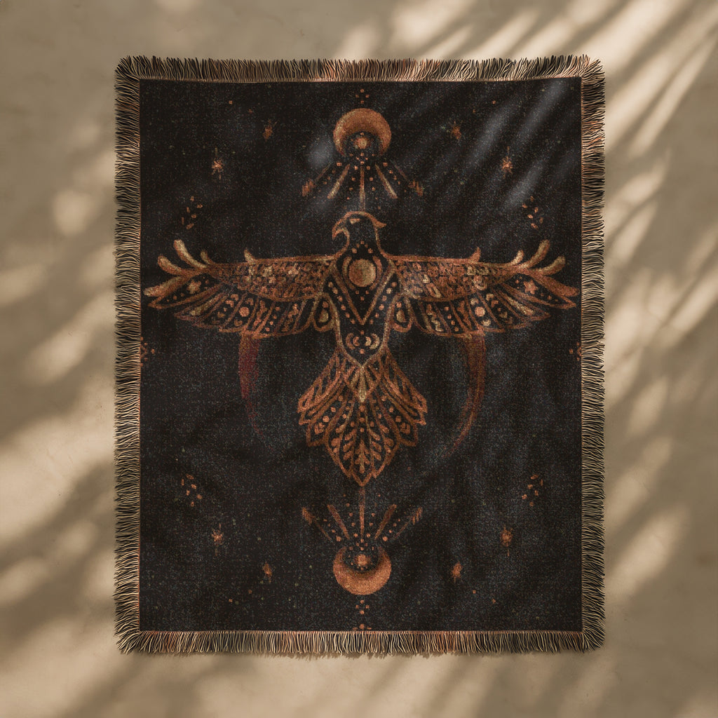 Boho Woven Blanket - The Hawk Woven Tapestry Blanket - Mythic Archetype, Moon Phases & Cosmic Vision | Mystical Art Throw for Sacred Spaces