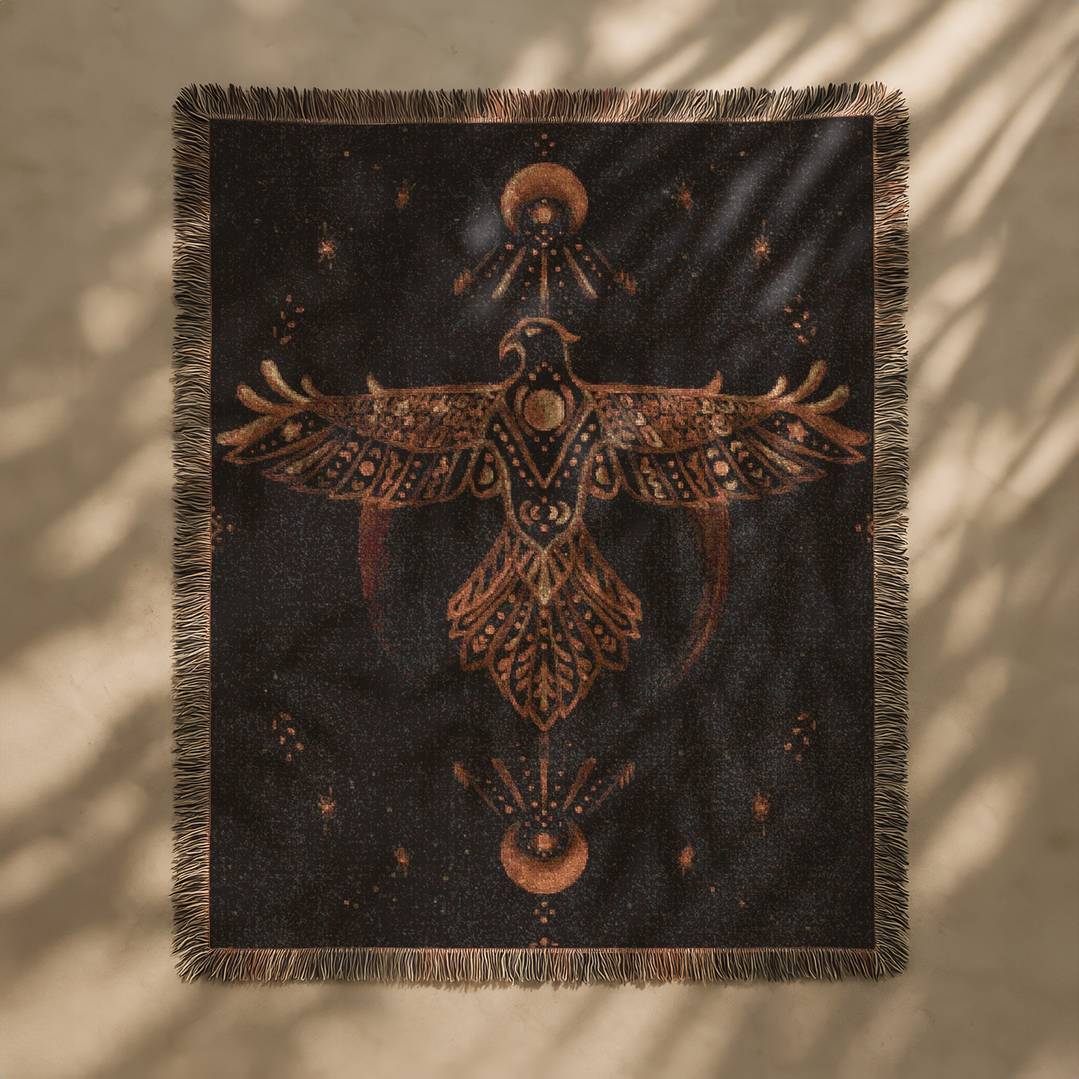 Boho Woven Blanket - The Hawk Woven Tapestry Blanket - Mythic Archetype, Moon Phases & Cosmic Vision | Mystical Art Throw for Sacred Spaces