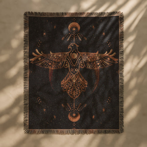 Boho Woven Blanket - The Hawk Woven Tapestry Blanket - Mythic Archetype, Moon Phases & Cosmic Vision | Mystical Art Throw for Sacred Spaces