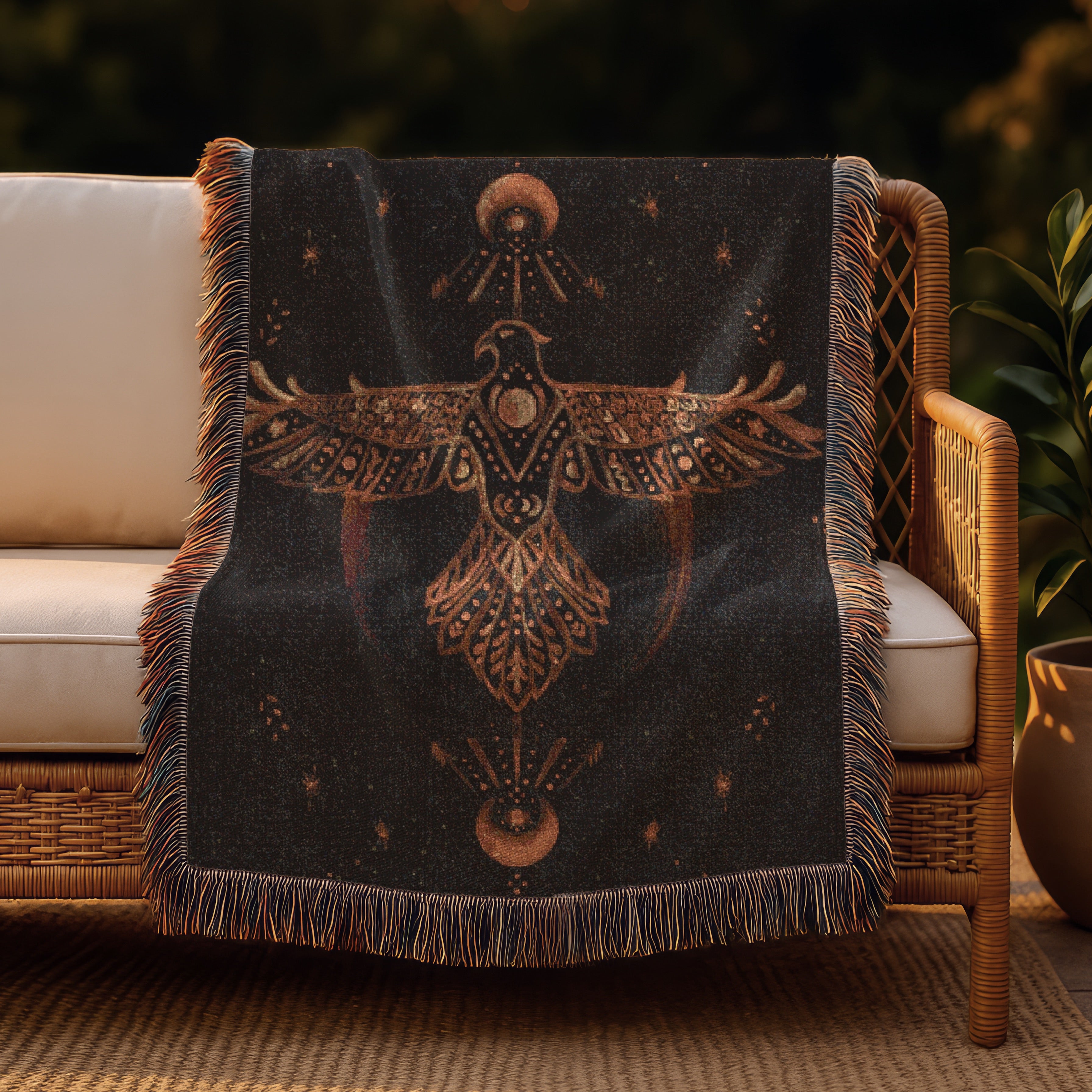 Boho Woven Blanket - The Hawk Woven Tapestry Blanket - Mythic Archetype, Moon Phases & Cosmic Vision | Mystical Art Throw for Sacred Spaces