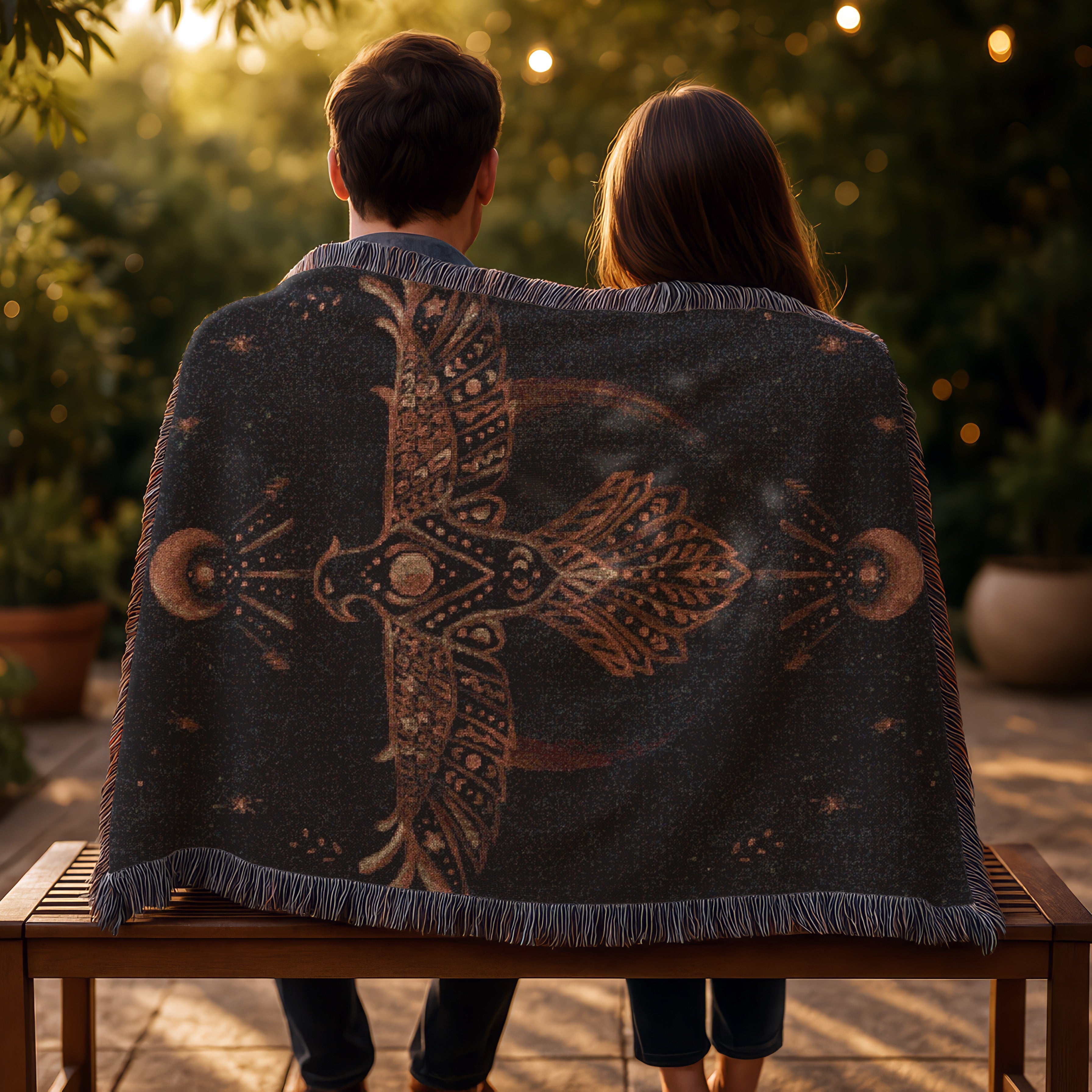 Boho Woven Blanket - The Hawk Woven Tapestry Blanket - Mythic Archetype, Moon Phases & Cosmic Vision | Mystical Art Throw for Sacred Spaces