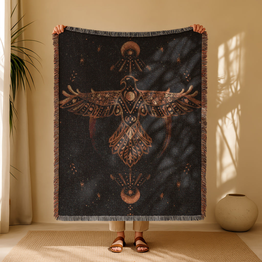 Boho Woven Blanket - The Hawk Woven Tapestry Blanket - Mythic Archetype, Moon Phases & Cosmic Vision | Mystical Art Throw for Sacred Spaces