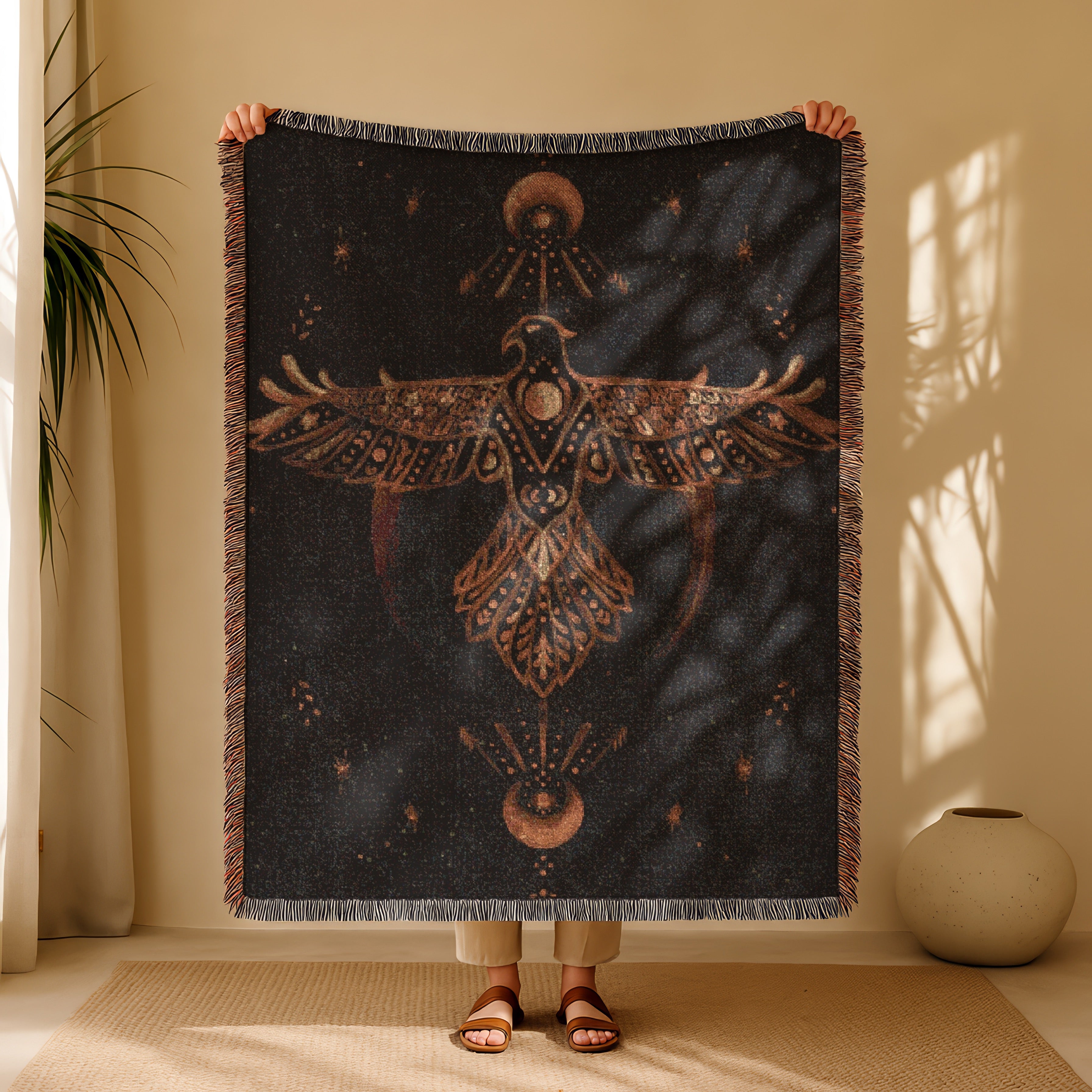Boho Woven Blanket - The Hawk Woven Tapestry Blanket - Mythic Archetype, Moon Phases & Cosmic Vision | Mystical Art Throw for Sacred Spaces