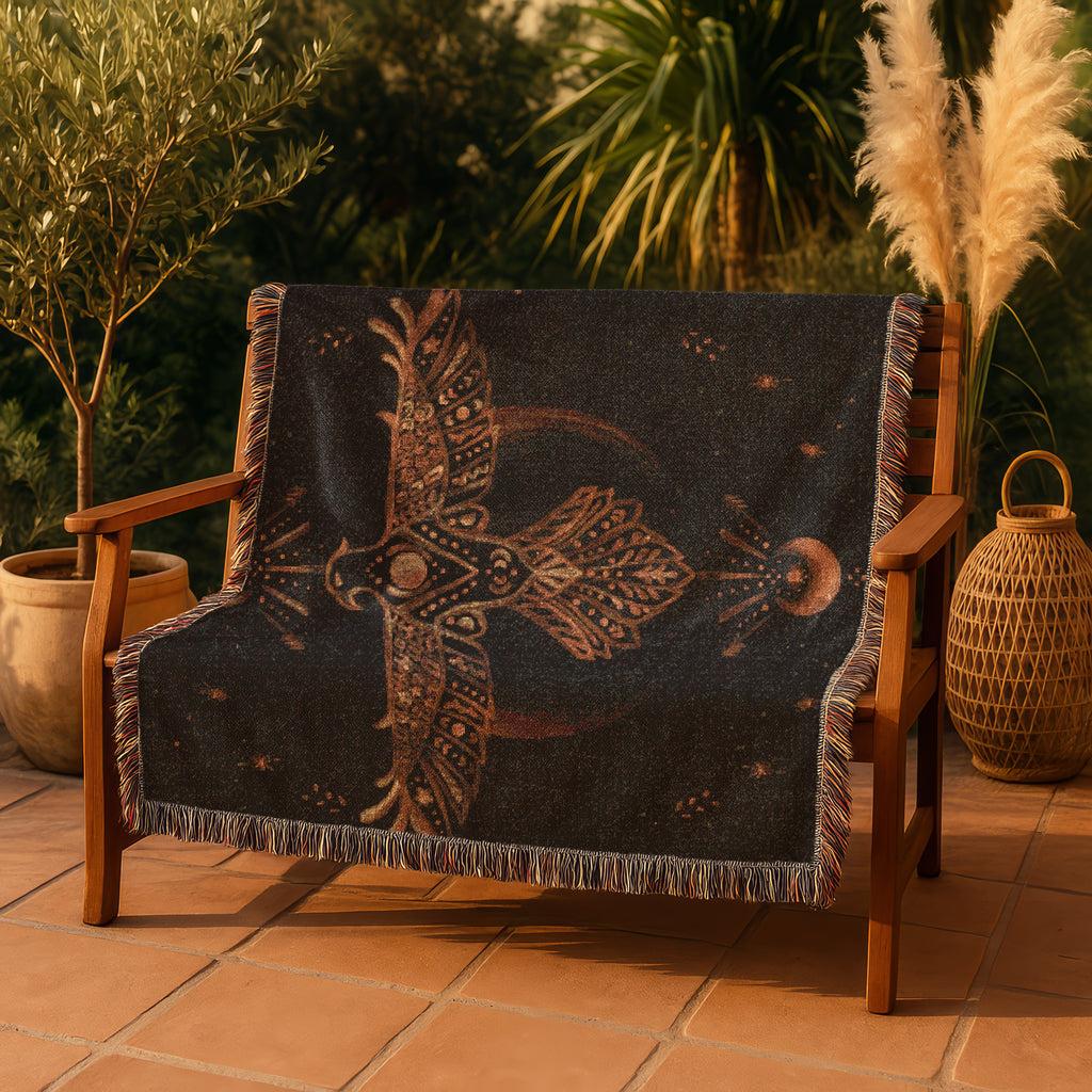 Boho Woven Blanket - The Hawk Woven Tapestry Blanket - Mythic Archetype, Moon Phases & Cosmic Vision | Mystical Art Throw for Sacred Spaces