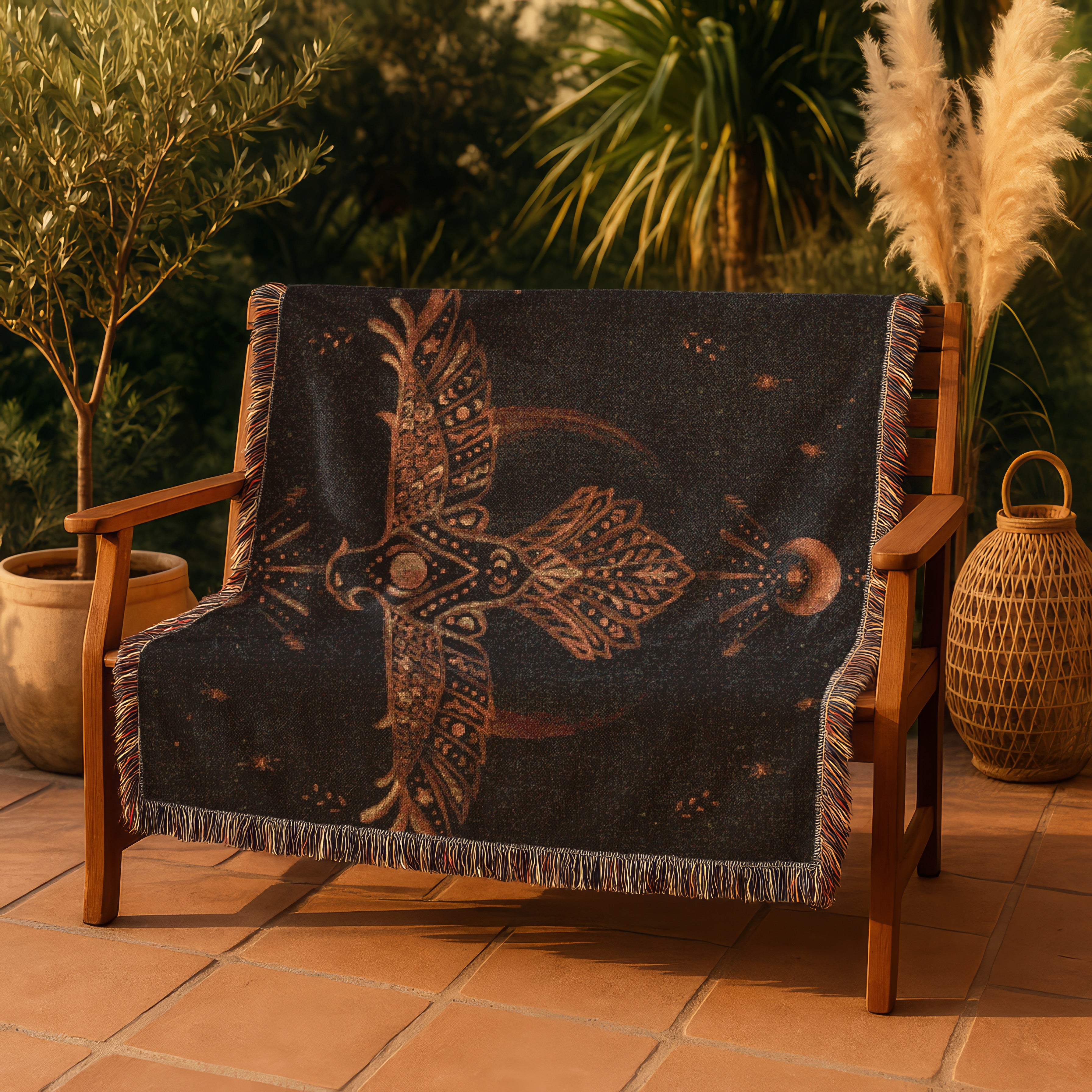 Boho Woven Blanket - The Hawk Woven Tapestry Blanket - Mythic Archetype, Moon Phases & Cosmic Vision | Mystical Art Throw for Sacred Spaces