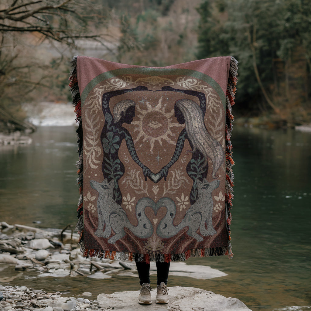 Boho Mystic Woven Art - Twin Flame Fox Spirit Throw - Ethereal Sacred Union Tapestry - Romantic Gift - Land of Lovers Blanket