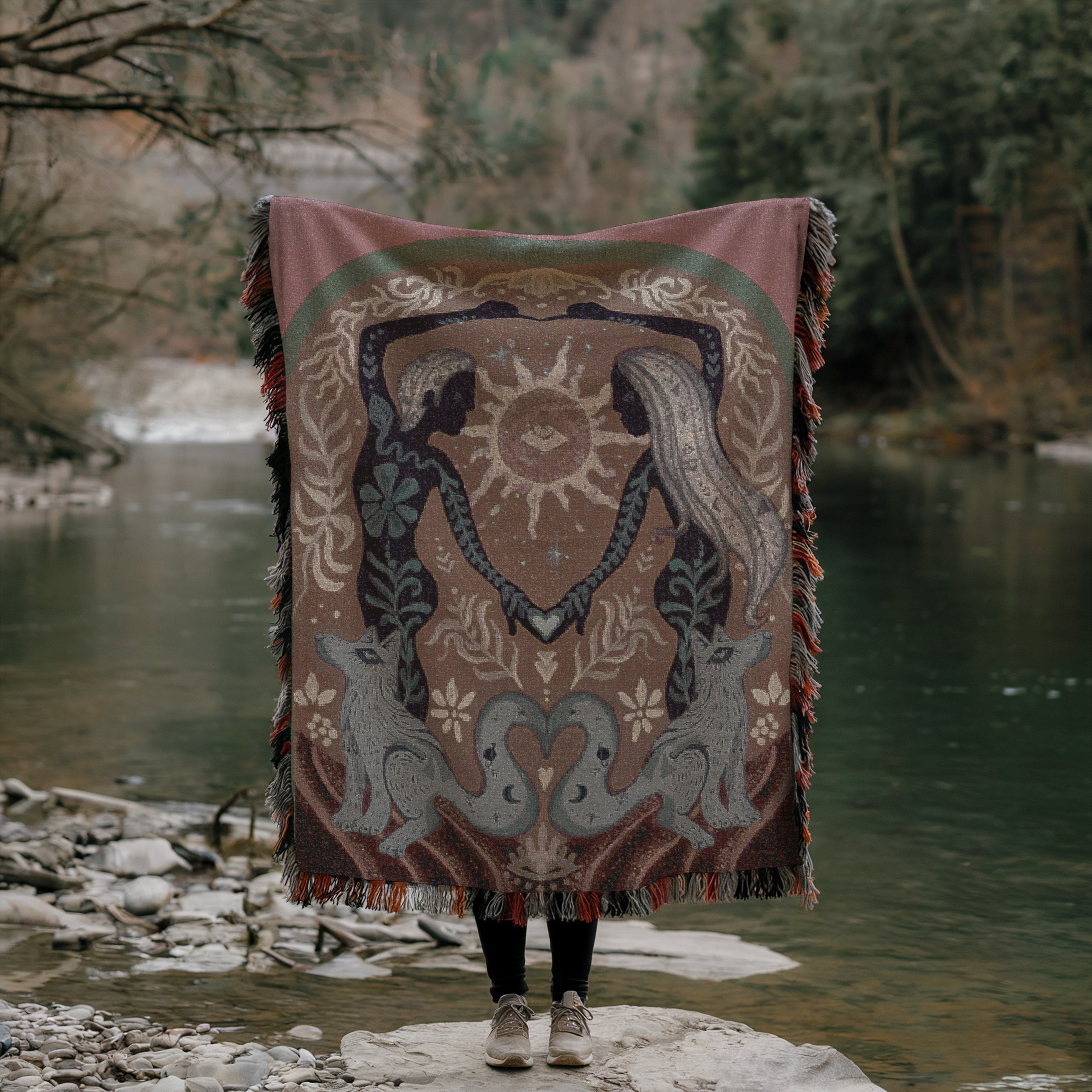 Boho Mystic Woven Art - Twin Flame Fox Spirit Throw - Ethereal Sacred Union Tapestry - Romantic Gift - Land of Lovers Blanket