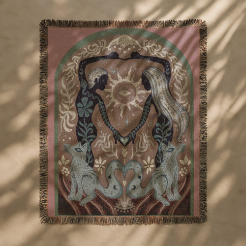 Boho Mystic Woven Art - Twin Flame Fox Spirit Throw - Ethereal Sacred Union Tapestry - Romantic Gift - Land of Lovers Blanket