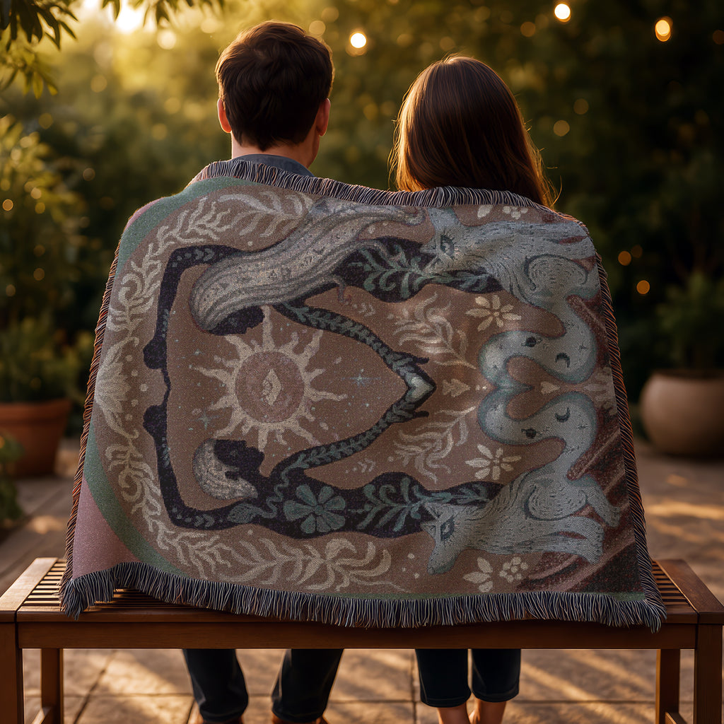 Boho Mystic Woven Art - Twin Flame Fox Spirit Throw - Ethereal Sacred Union Tapestry - Romantic Gift - Land of Lovers Blanket