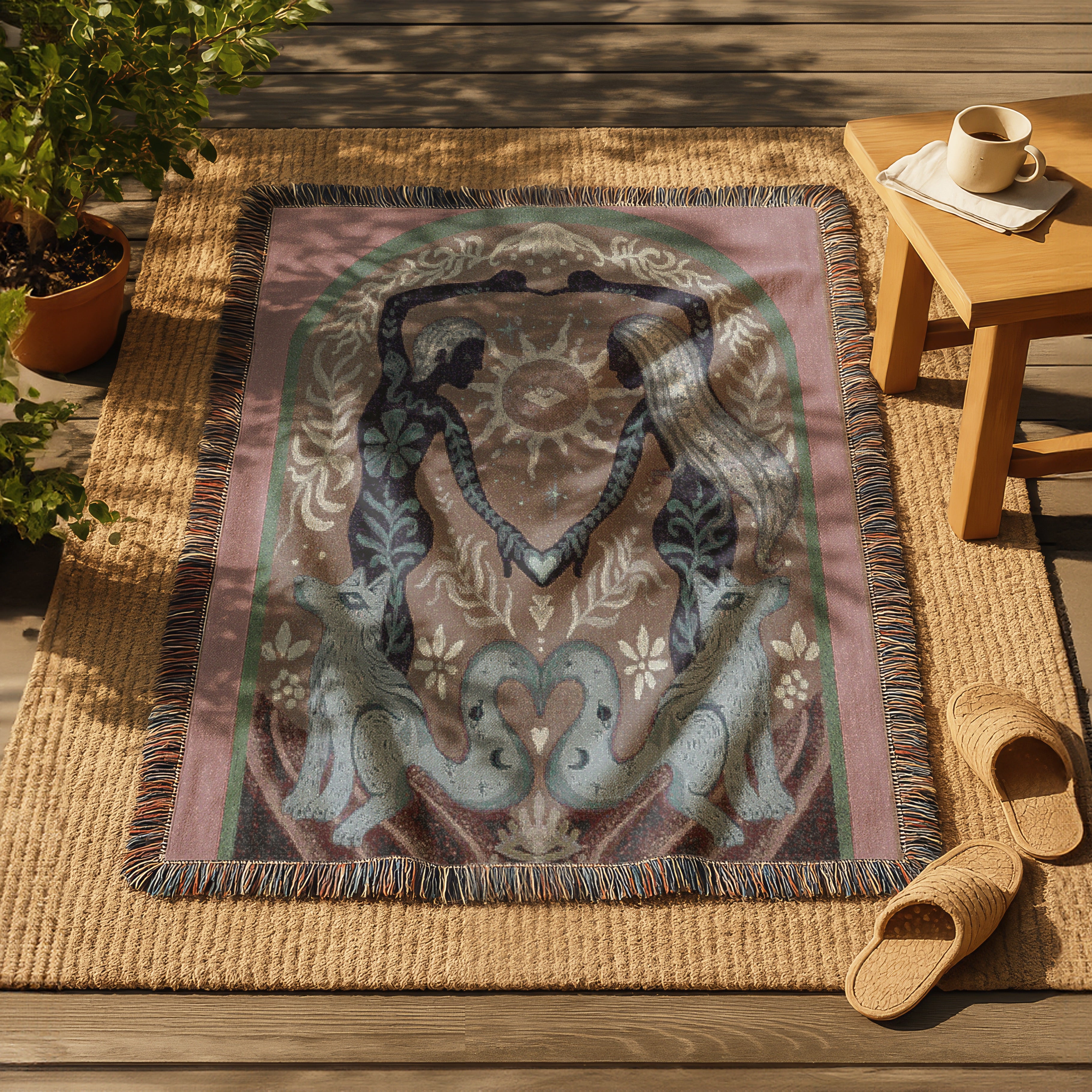 Boho Mystic Woven Art - Twin Flame Fox Spirit Throw - Ethereal Sacred Union Tapestry - Romantic Gift - Land of Lovers Blanket