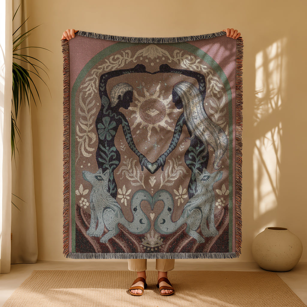 Boho Mystic Woven Art - Twin Flame Fox Spirit Throw - Ethereal Sacred Union Tapestry - Romantic Gift - Land of Lovers Blanket