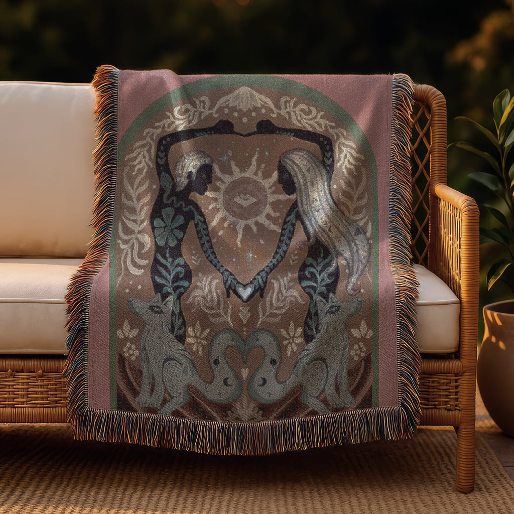 Boho Mystic Woven Art - Twin Flame Fox Spirit Throw - Ethereal Sacred Union Tapestry - Romantic Gift - Land of Lovers Blanket