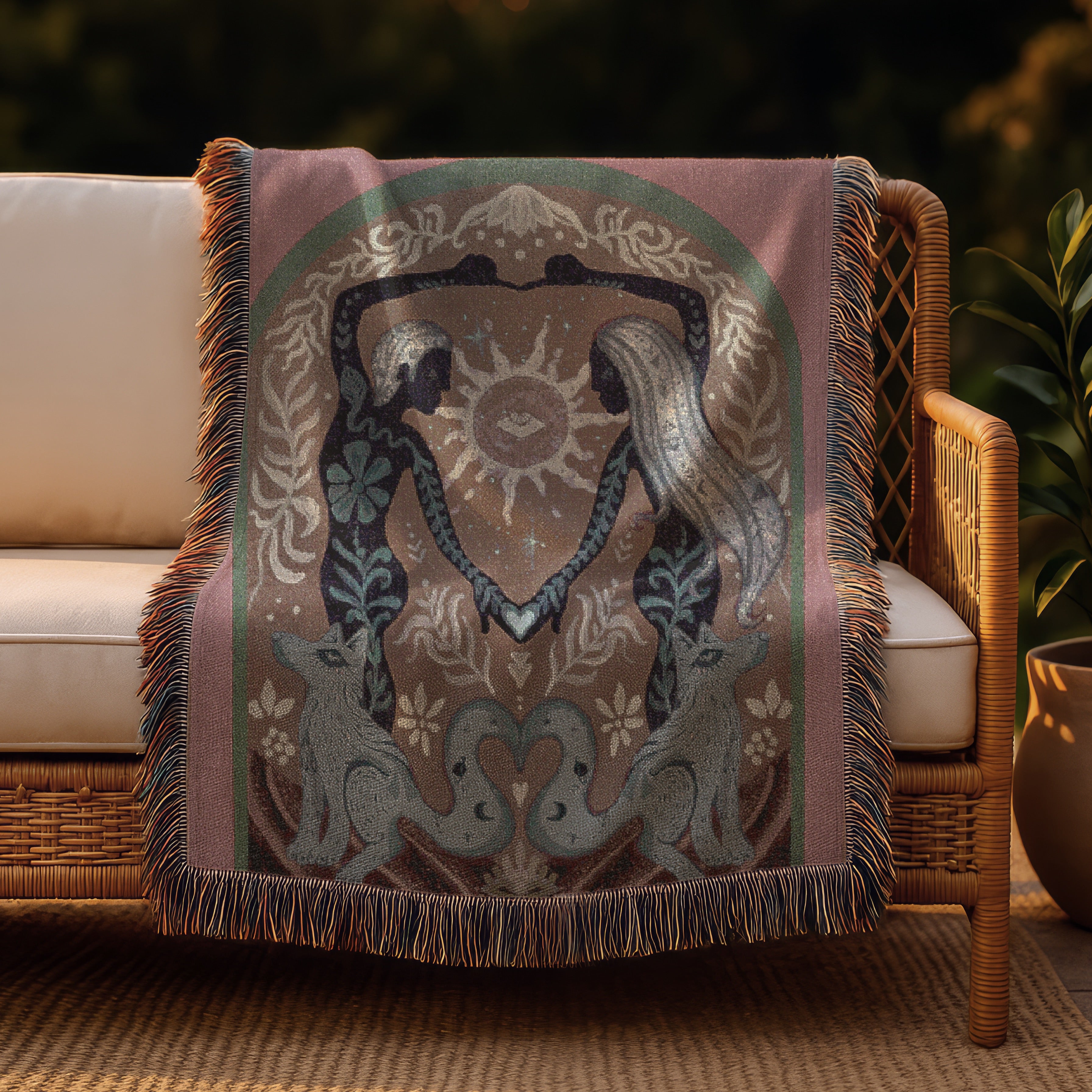 Boho Mystic Woven Art - Twin Flame Fox Spirit Throw - Ethereal Sacred Union Tapestry - Romantic Gift - Land of Lovers Blanket