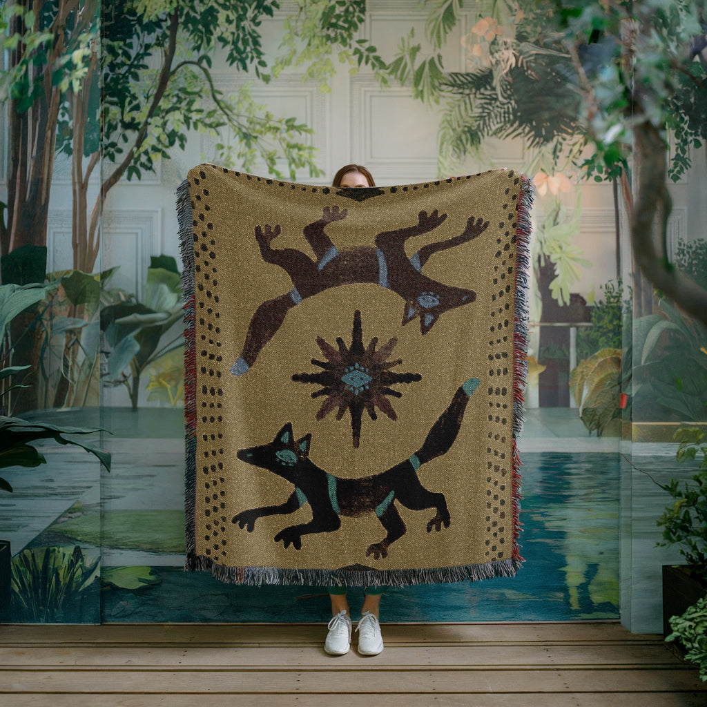 Twin Coyotes Woven Blanket - Mystical Desert Tapestry Throw, Boho Animal Totem Art, Tribal Sun Blanket, Sacred Home Decor