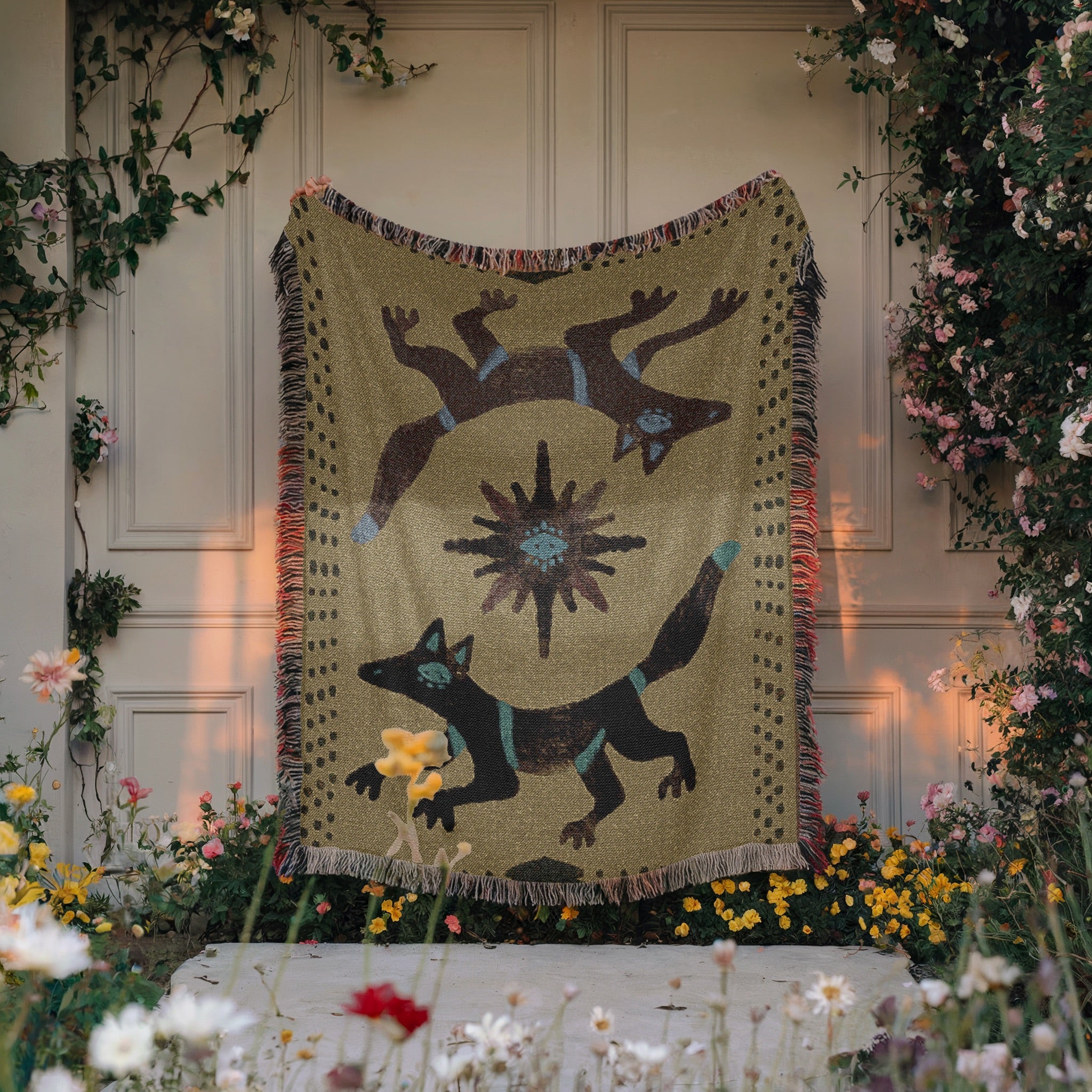 Twin Coyotes Woven Blanket - Mystical Desert Tapestry Throw, Boho Animal Totem Art, Tribal Sun Blanket, Sacred Home Decor