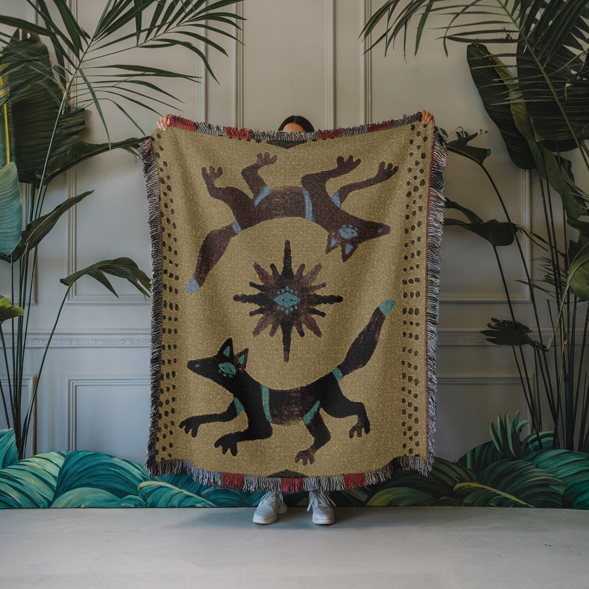Twin Coyotes Woven Blanket - Mystical Desert Tapestry Throw, Boho Animal Totem Art, Tribal Sun Blanket, Sacred Home Decor