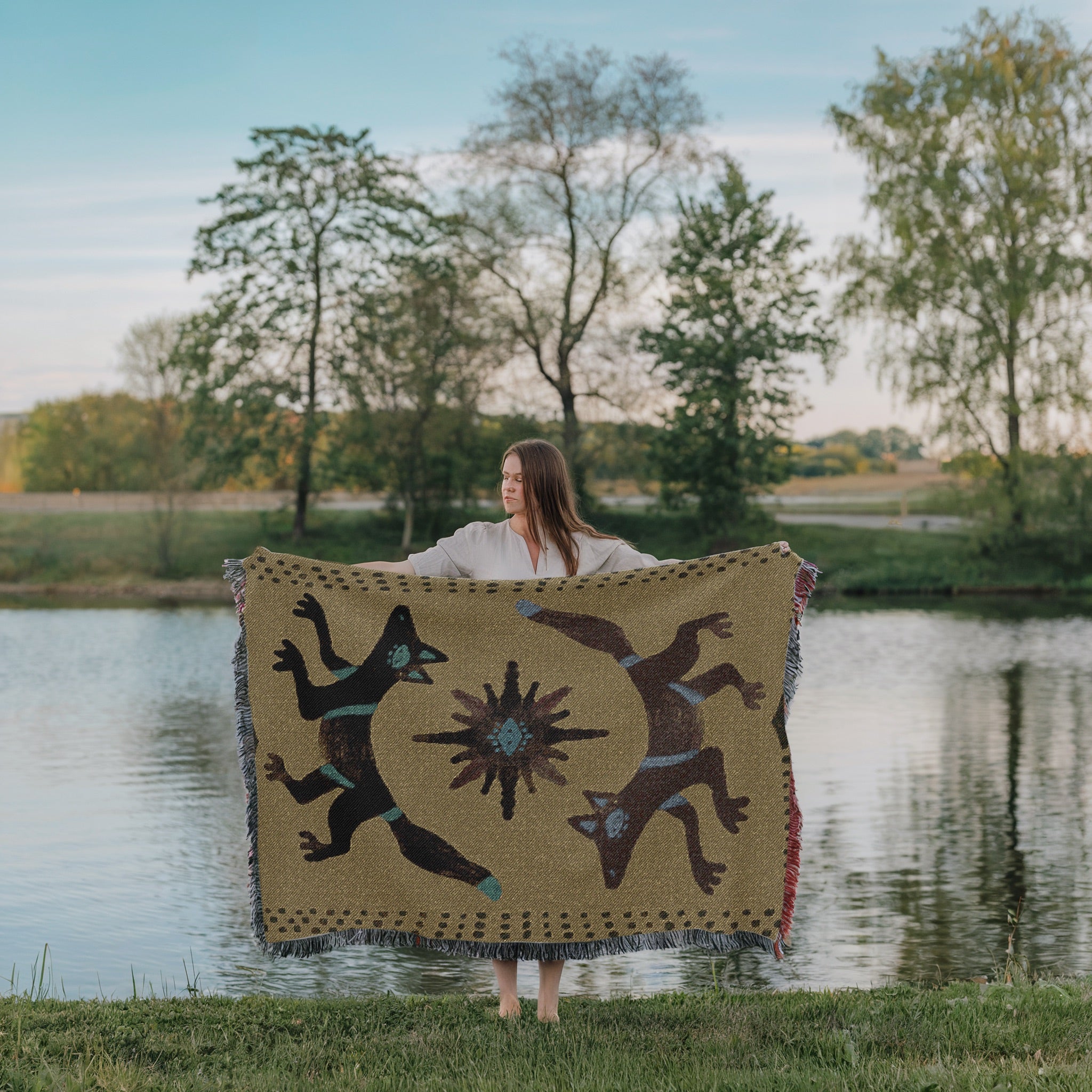 Twin Coyotes Woven Blanket - Mystical Desert Tapestry Throw, Boho Animal Totem Art, Tribal Sun Blanket, Sacred Home Decor