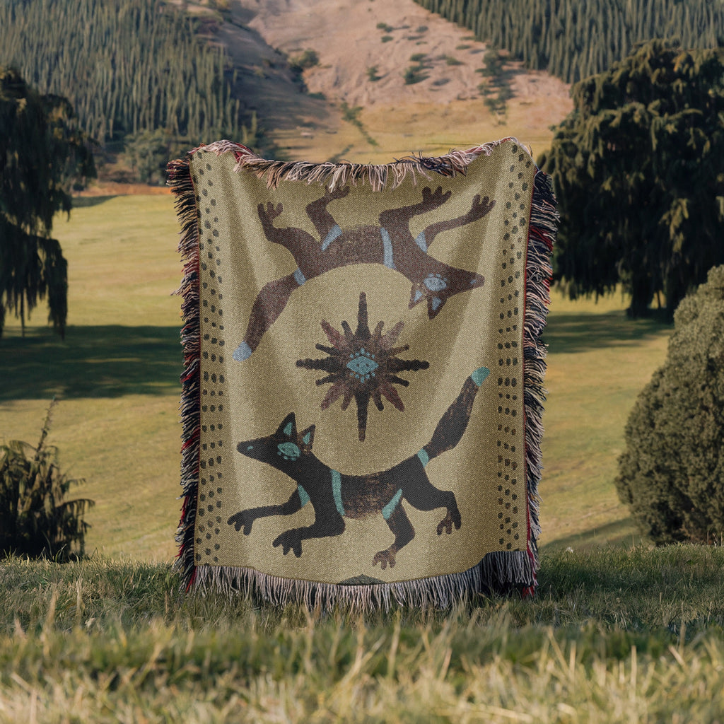Twin Coyotes Woven Blanket - Mystical Desert Tapestry Throw, Boho Animal Totem Art, Tribal Sun Blanket, Sacred Home Decor