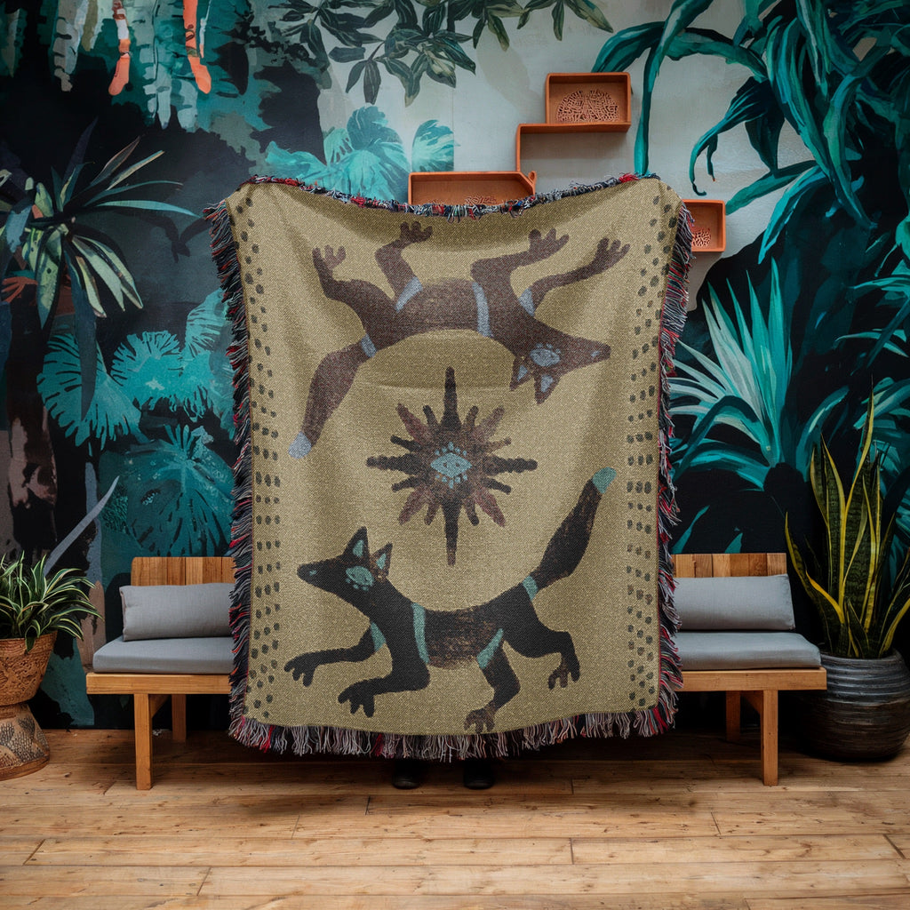 Twin Coyotes Woven Blanket - Mystical Desert Tapestry Throw, Boho Animal Totem Art, Tribal Sun Blanket, Sacred Home Decor