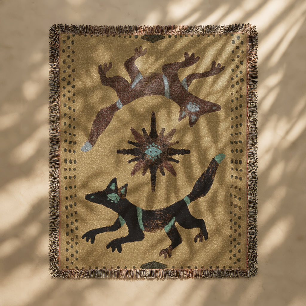 Twin Coyotes Woven Blanket - Mystical Desert Tapestry Throw, Boho Animal Totem Art, Tribal Sun Blanket, Sacred Home Decor