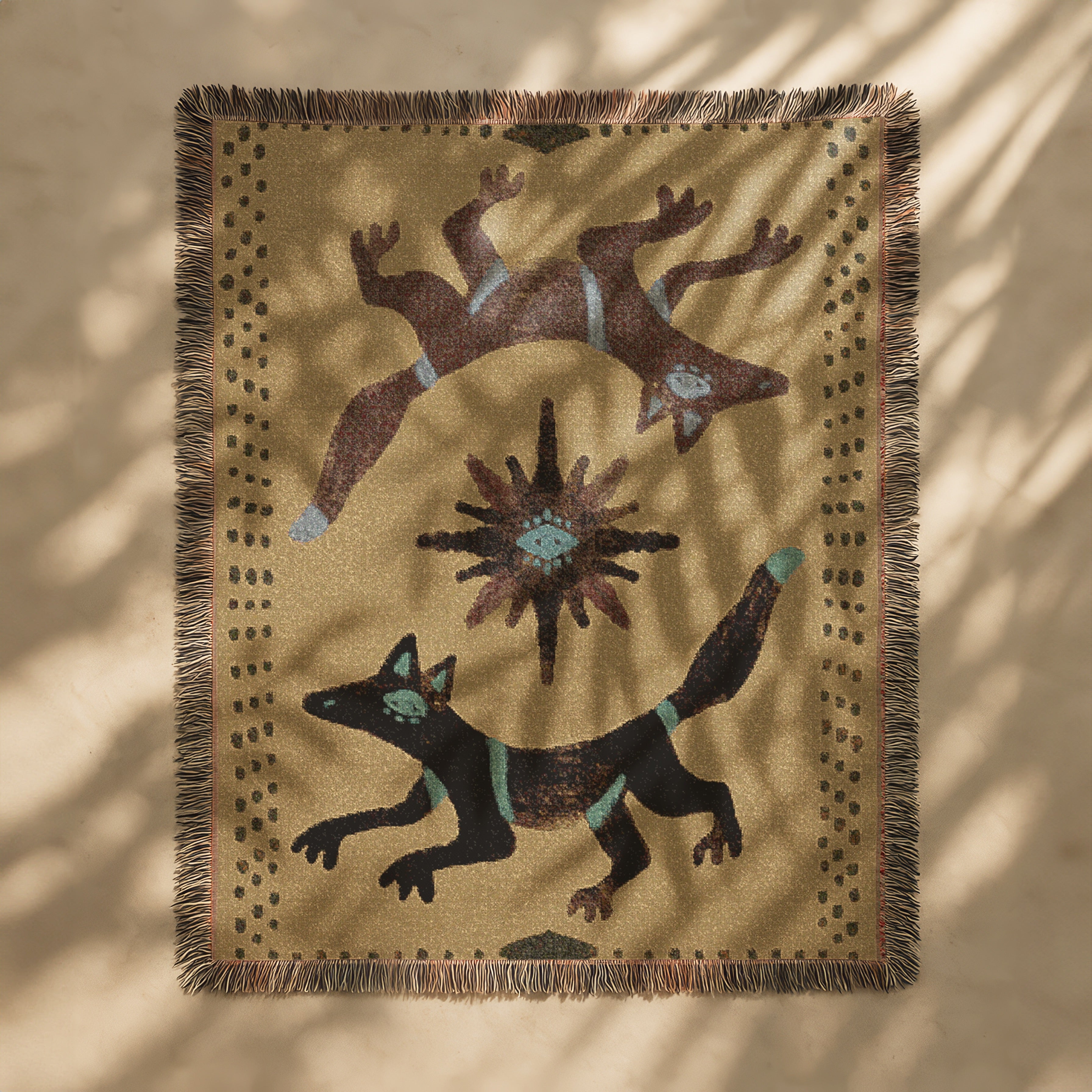 Twin Coyotes Woven Blanket - Mystical Desert Tapestry Throw, Boho Animal Totem Art, Tribal Sun Blanket, Sacred Home Decor