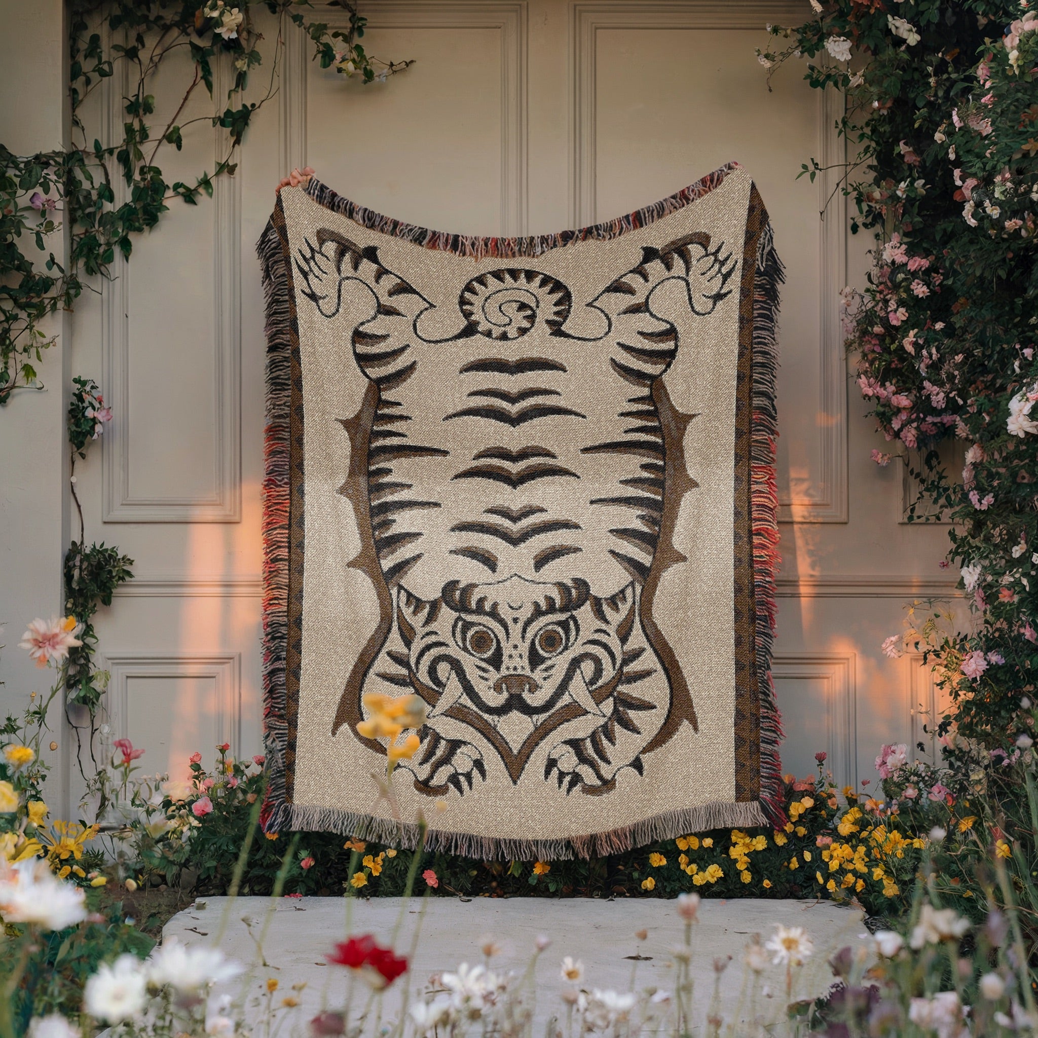 Tibetan Tiger Woven Blanket - Tribal Totem Throw, Guardian Animal Art, Mystical Boho Tapestry Blanket, Sacred Home Decor