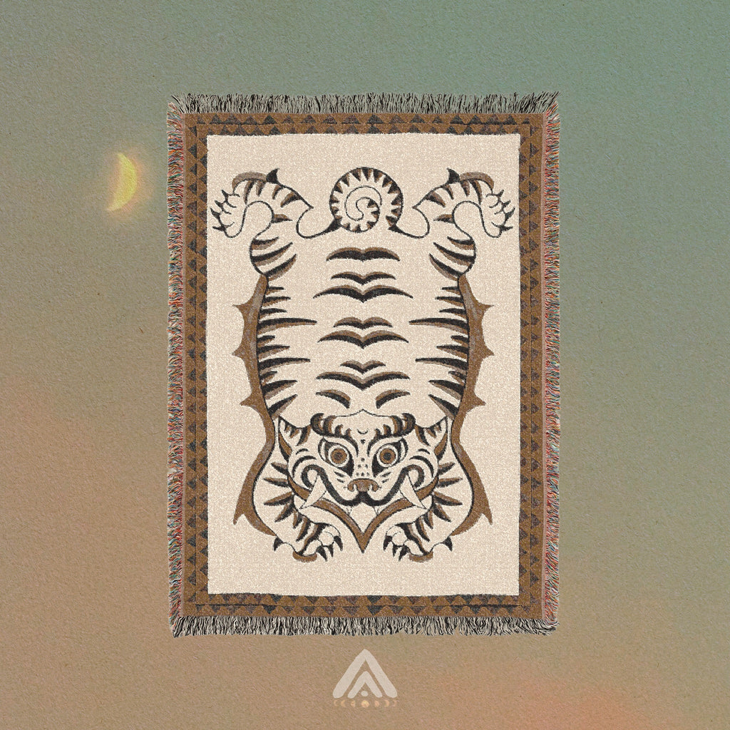 Tibetan Tiger Woven Blanket - Tribal Totem Throw, Guardian Animal Art, Mystical Boho Tapestry Blanket, Sacred Home Decor