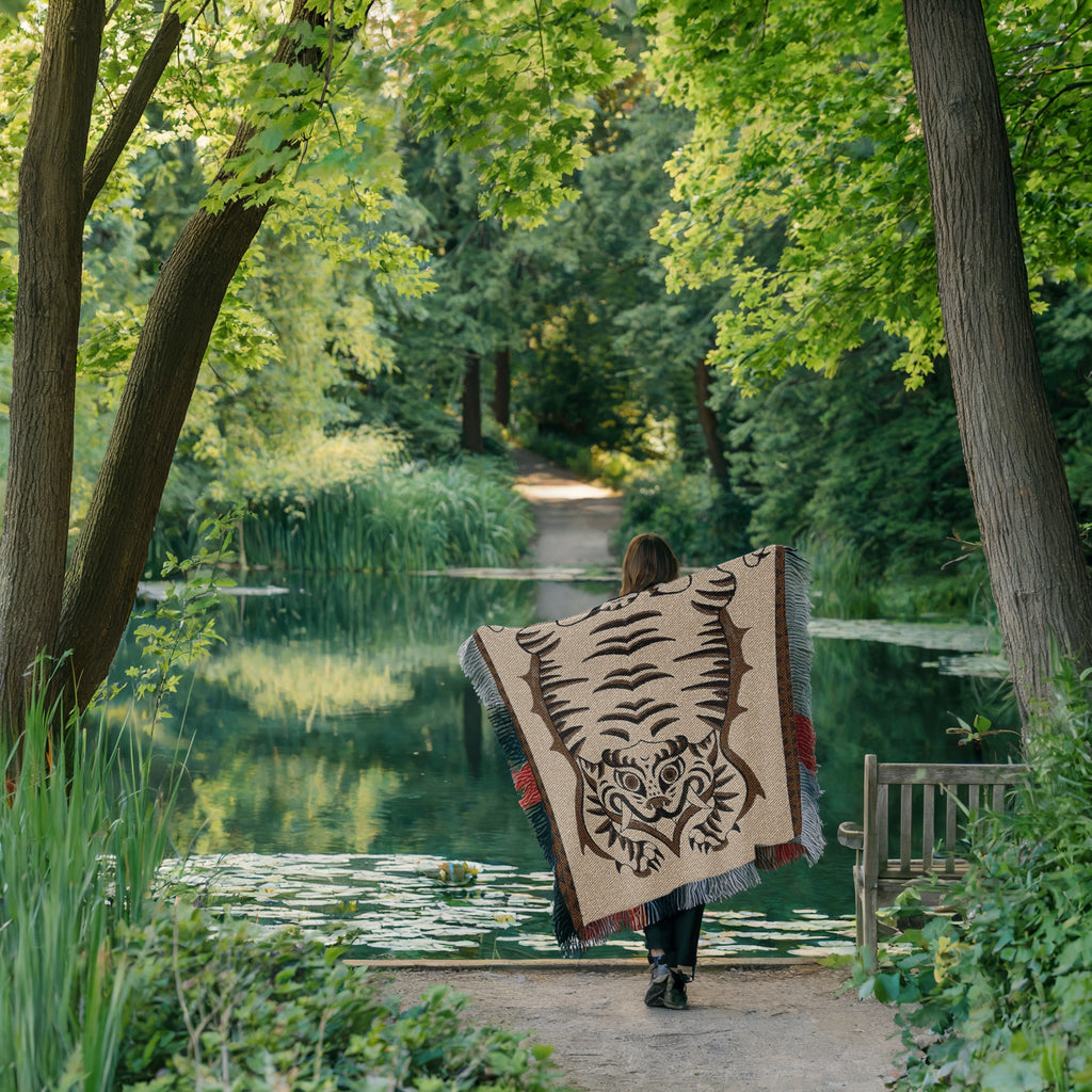 Tibetan Tiger Woven Blanket - Tribal Totem Throw, Guardian Animal Art, Mystical Boho Tapestry Blanket, Sacred Home Decor
