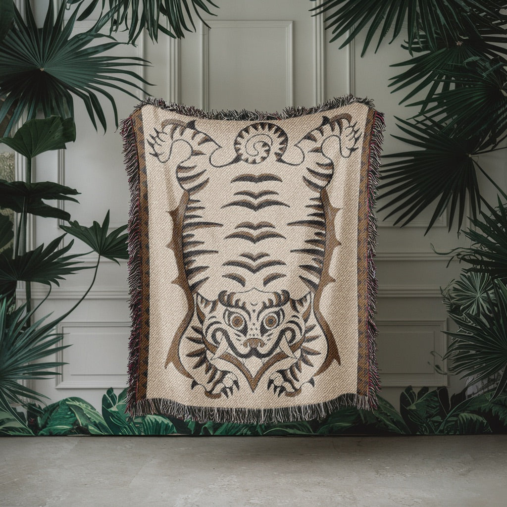 Tibetan Tiger Woven Blanket - Tribal Totem Throw, Guardian Animal Art, Mystical Boho Tapestry Blanket, Sacred Home Decor