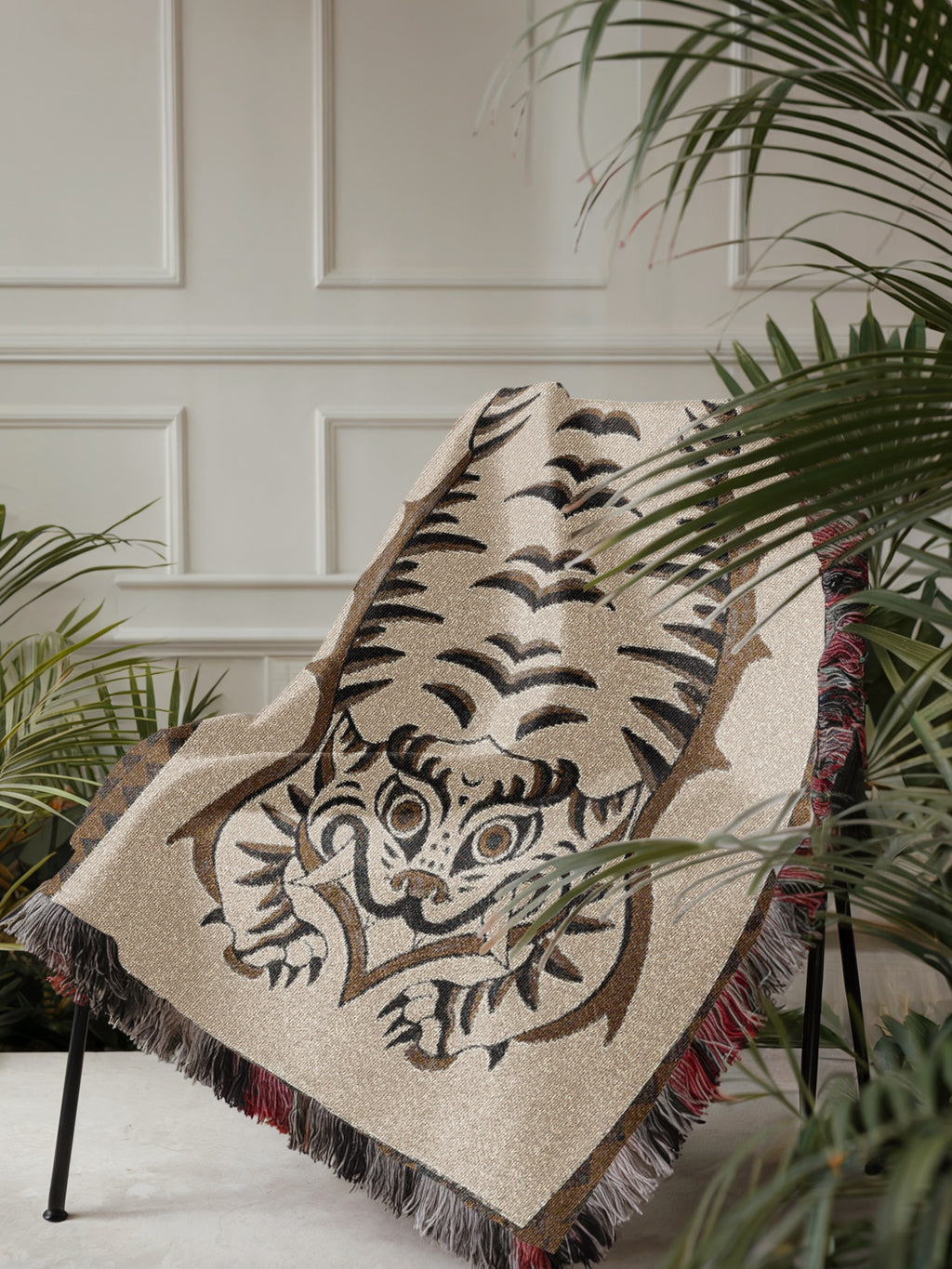 Tibetan Tiger Woven Blanket - Tribal Totem Throw, Guardian Animal Art, Mystical Boho Tapestry Blanket, Sacred Home Decor