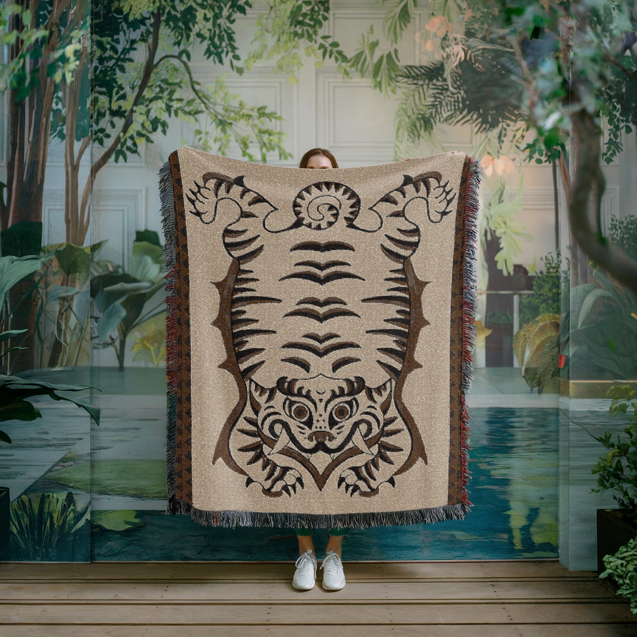 Tibetan Tiger Woven Blanket - Tribal Totem Throw, Guardian Animal Art, Mystical Boho Tapestry Blanket, Sacred Home Decor