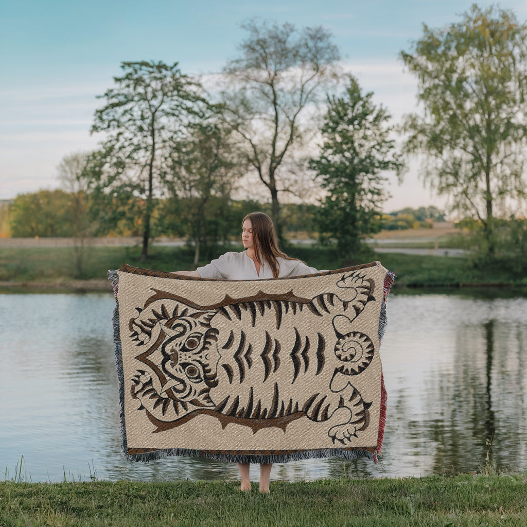 Tibetan Tiger Woven Blanket - Tribal Totem Throw, Guardian Animal Art, Mystical Boho Tapestry Blanket, Sacred Home Decor