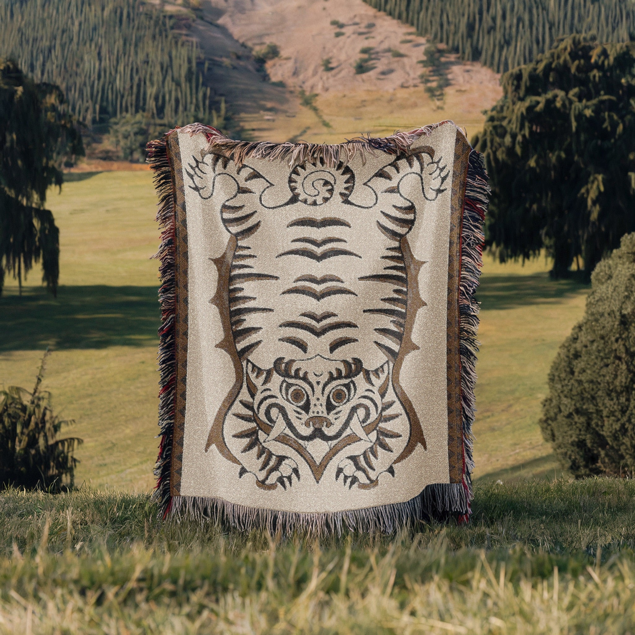 Tibetan Tiger Woven Blanket - Tribal Totem Throw, Guardian Animal Art, Mystical Boho Tapestry Blanket, Sacred Home Decor