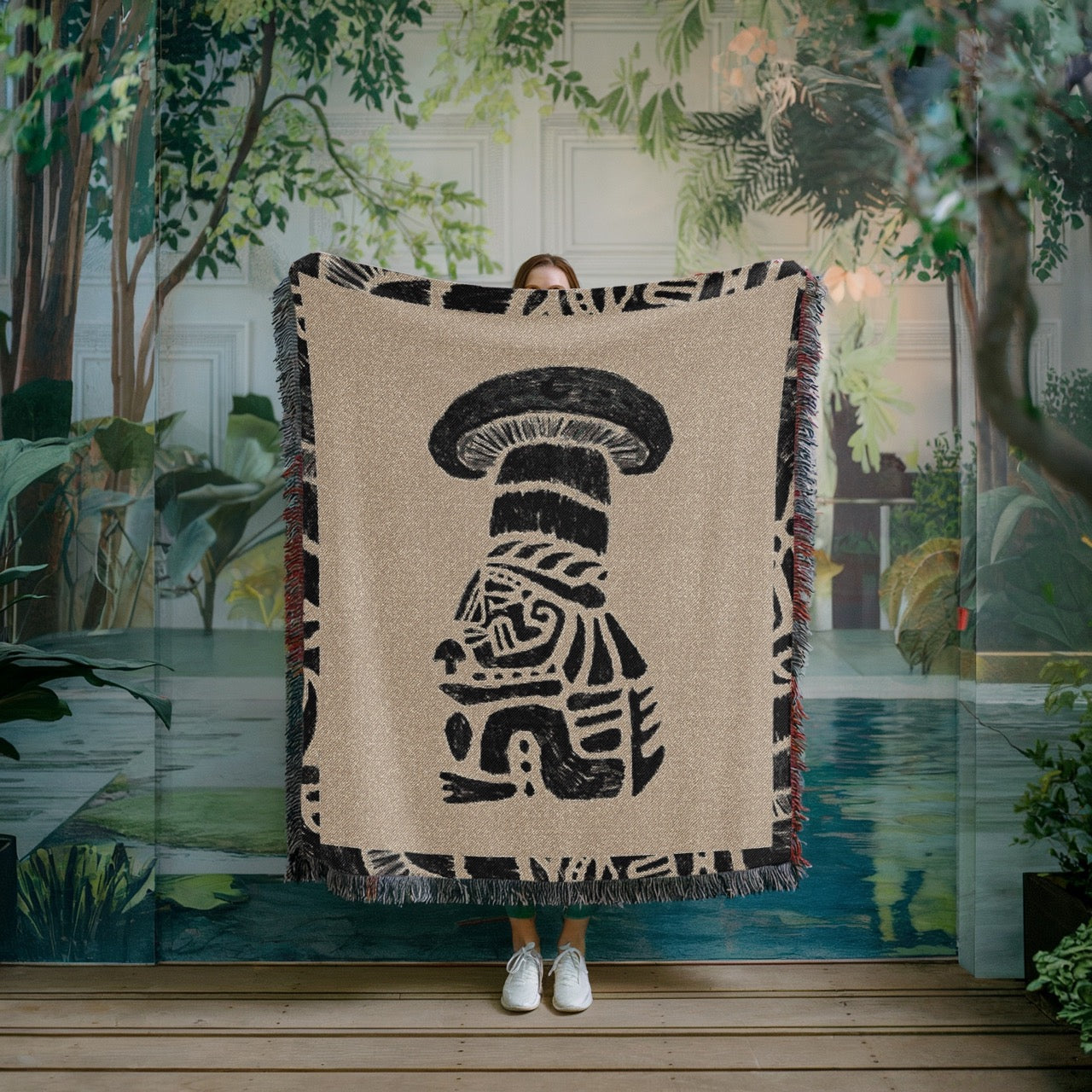 Tribal Shaman Woven Blanket - Psychedelic Totem Throw, Mushroom Spirit Art, Boho Tapestry Blanket, Mystical Home Decor