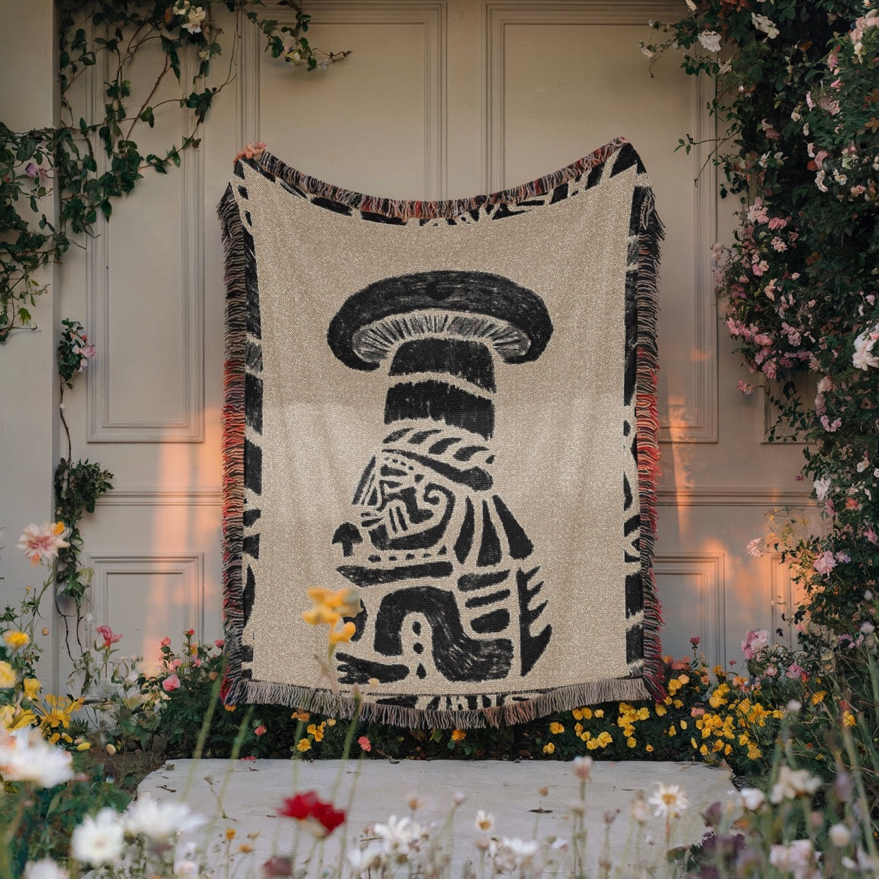Tribal Shaman Woven Blanket - Psychedelic Totem Throw, Mushroom Spirit Art, Boho Tapestry Blanket, Mystical Home Decor