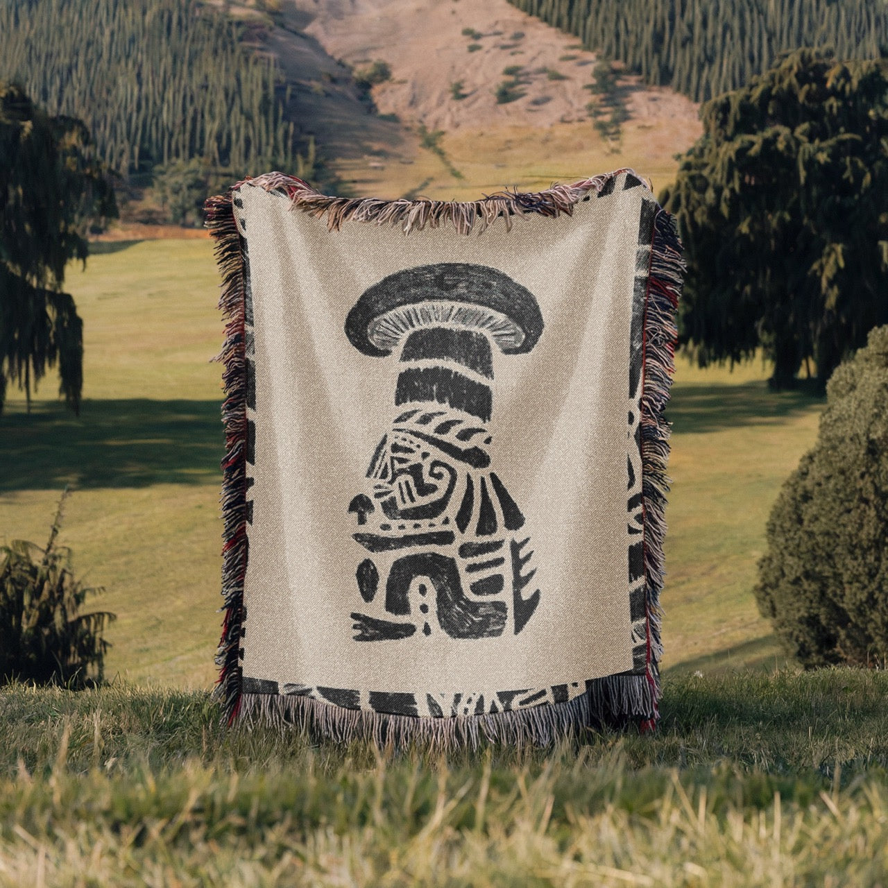 Tribal Shaman Woven Blanket - Psychedelic Totem Throw, Mushroom Spirit Art, Boho Tapestry Blanket, Mystical Home Decor