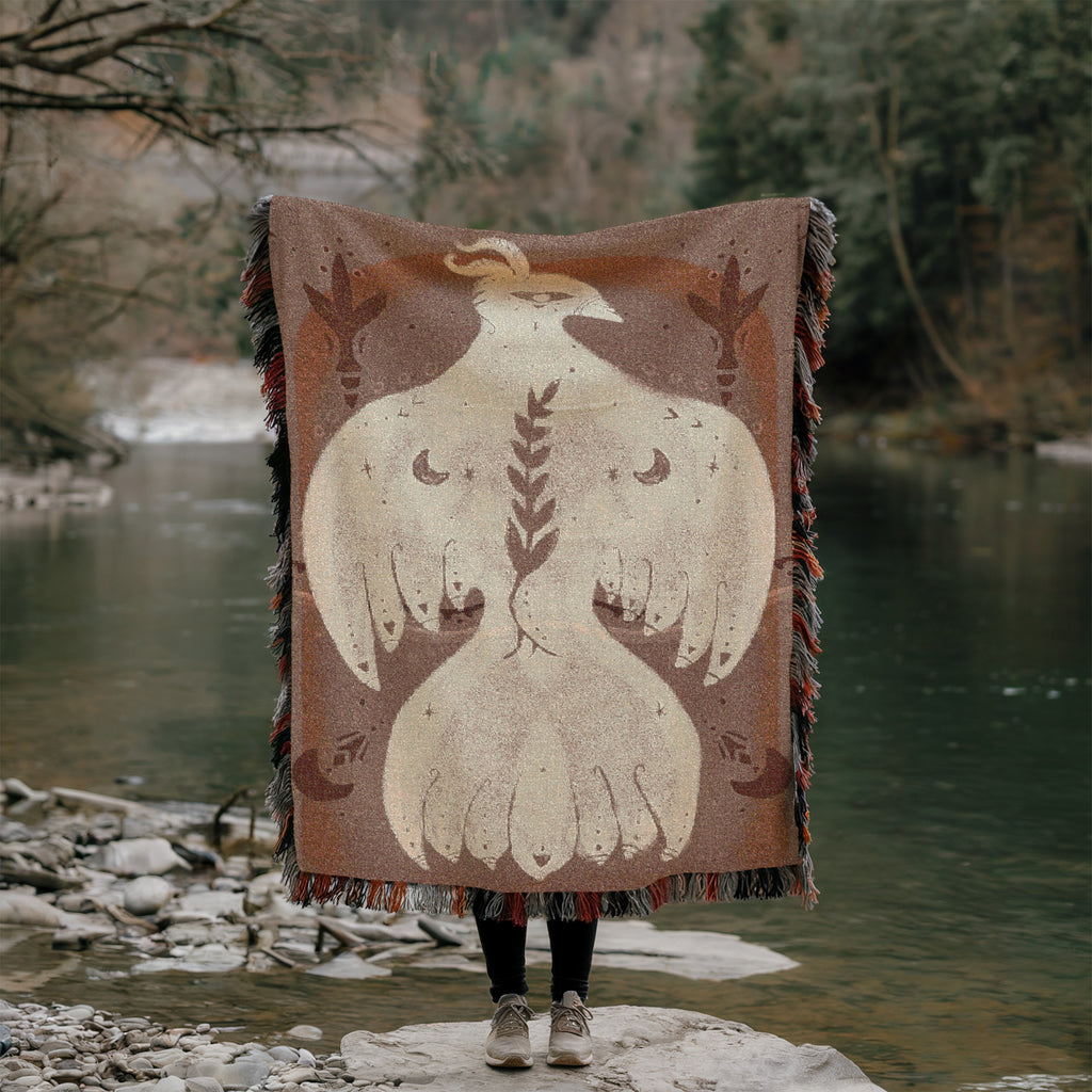 Mystical Bird Spirit Woven Blanket - Ethereal Art Throw with Eye Symbol, Moon Phases & Wings | Boho Tapestry for Sacred Spaces, light