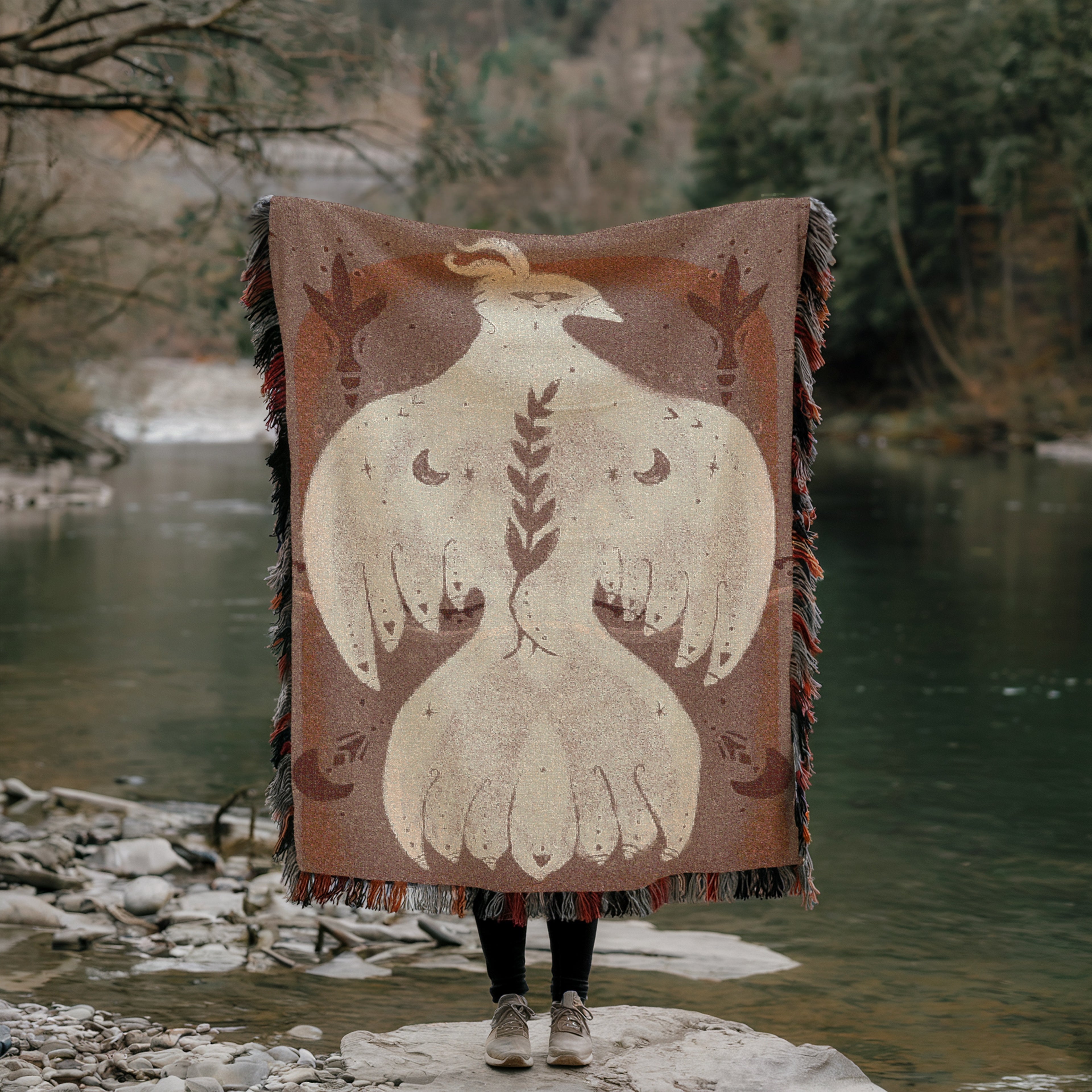 Mystical Bird Spirit Woven Blanket - Ethereal Art Throw with Eye Symbol, Moon Phases & Wings | Boho Tapestry for Sacred Spaces, light