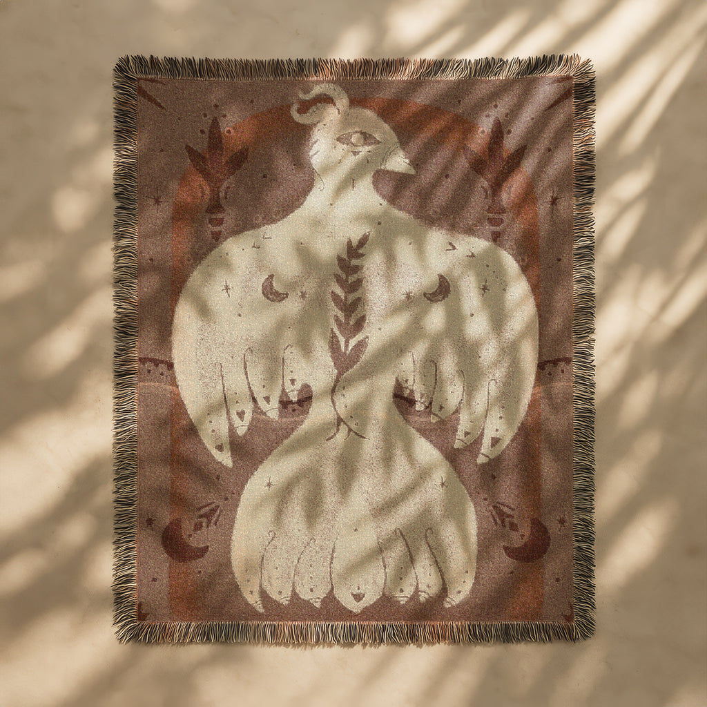 Mystical Bird Spirit Woven Blanket - Ethereal Art Throw with Eye Symbol, Moon Phases & Wings | Boho Tapestry for Sacred Spaces, light