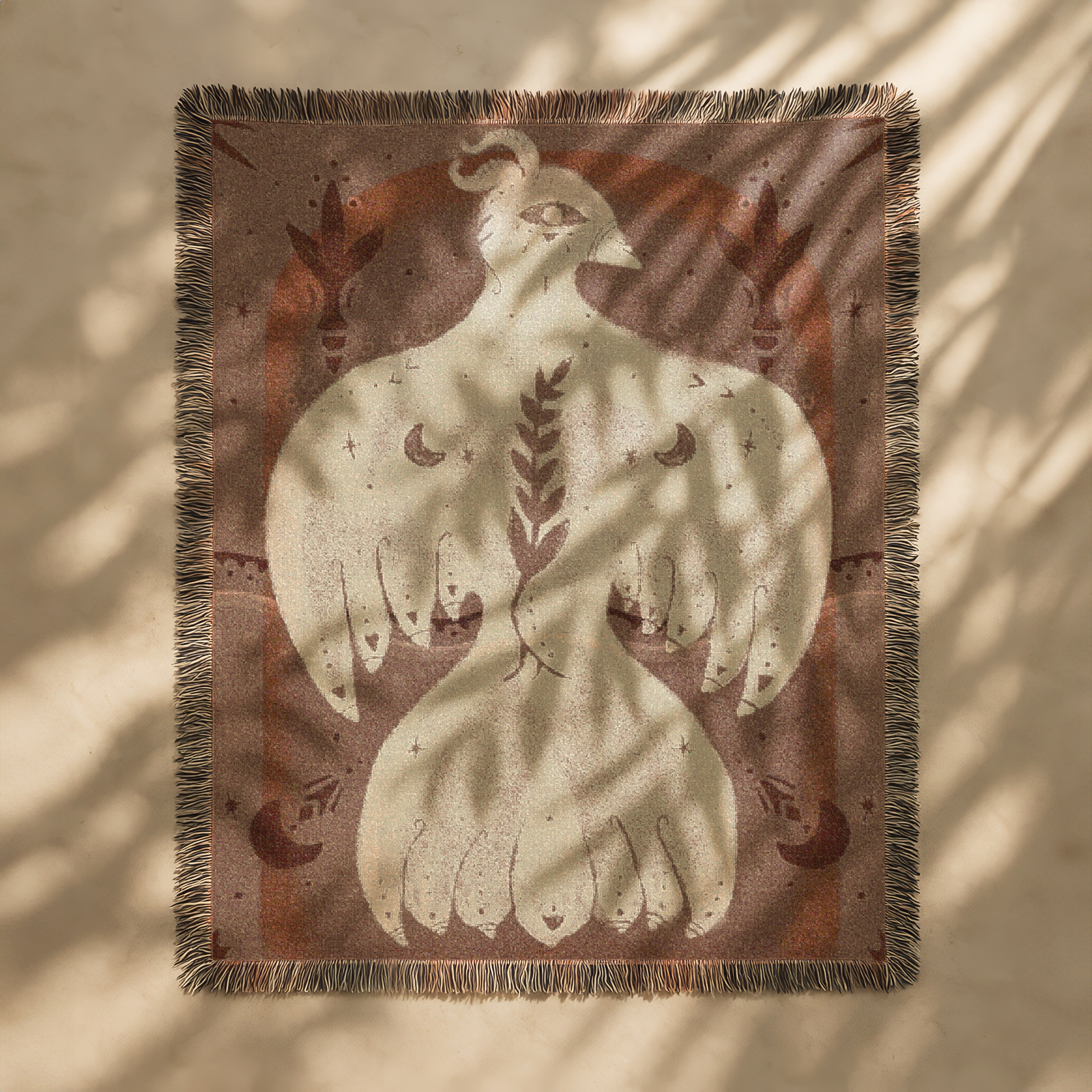Mystical Bird Spirit Woven Blanket - Ethereal Art Throw with Eye Symbol, Moon Phases & Wings | Boho Tapestry for Sacred Spaces, light
