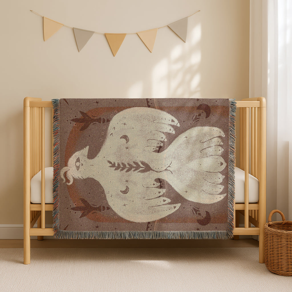 Mystical Bird Spirit Woven Blanket - Ethereal Art Throw with Eye Symbol, Moon Phases & Wings | Boho Tapestry for Sacred Spaces, light