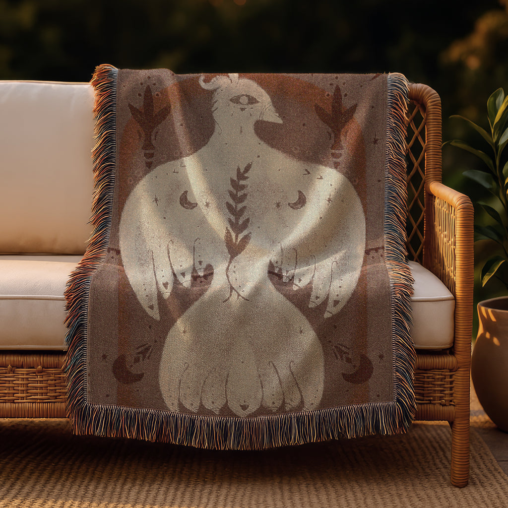 Mystical Bird Spirit Woven Blanket - Ethereal Art Throw with Eye Symbol, Moon Phases & Wings | Boho Tapestry for Sacred Spaces, light
