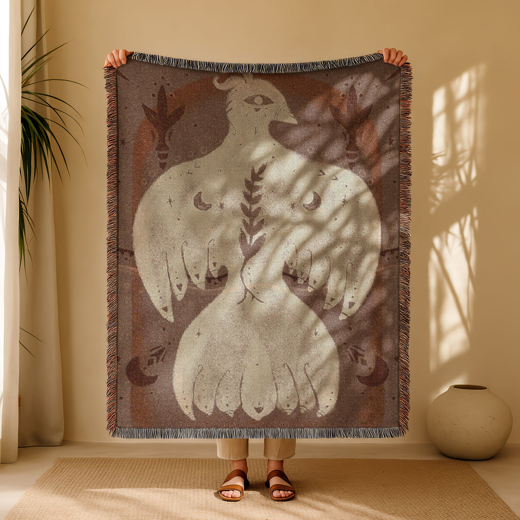 Mystical Bird Spirit Woven Blanket - Ethereal Art Throw with Eye Symbol, Moon Phases & Wings | Boho Tapestry for Sacred Spaces, light